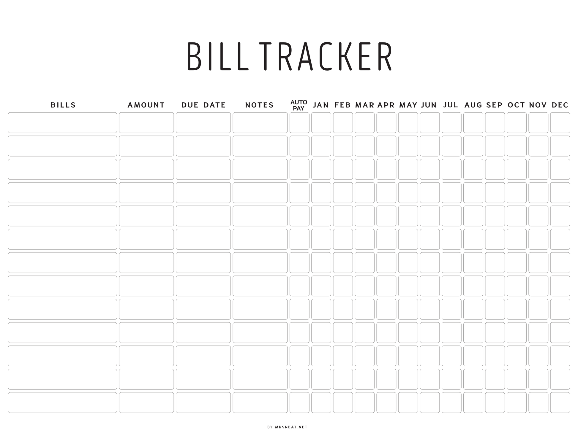 Bill tracker with columns for bills, amount, due date, notes, and months.
