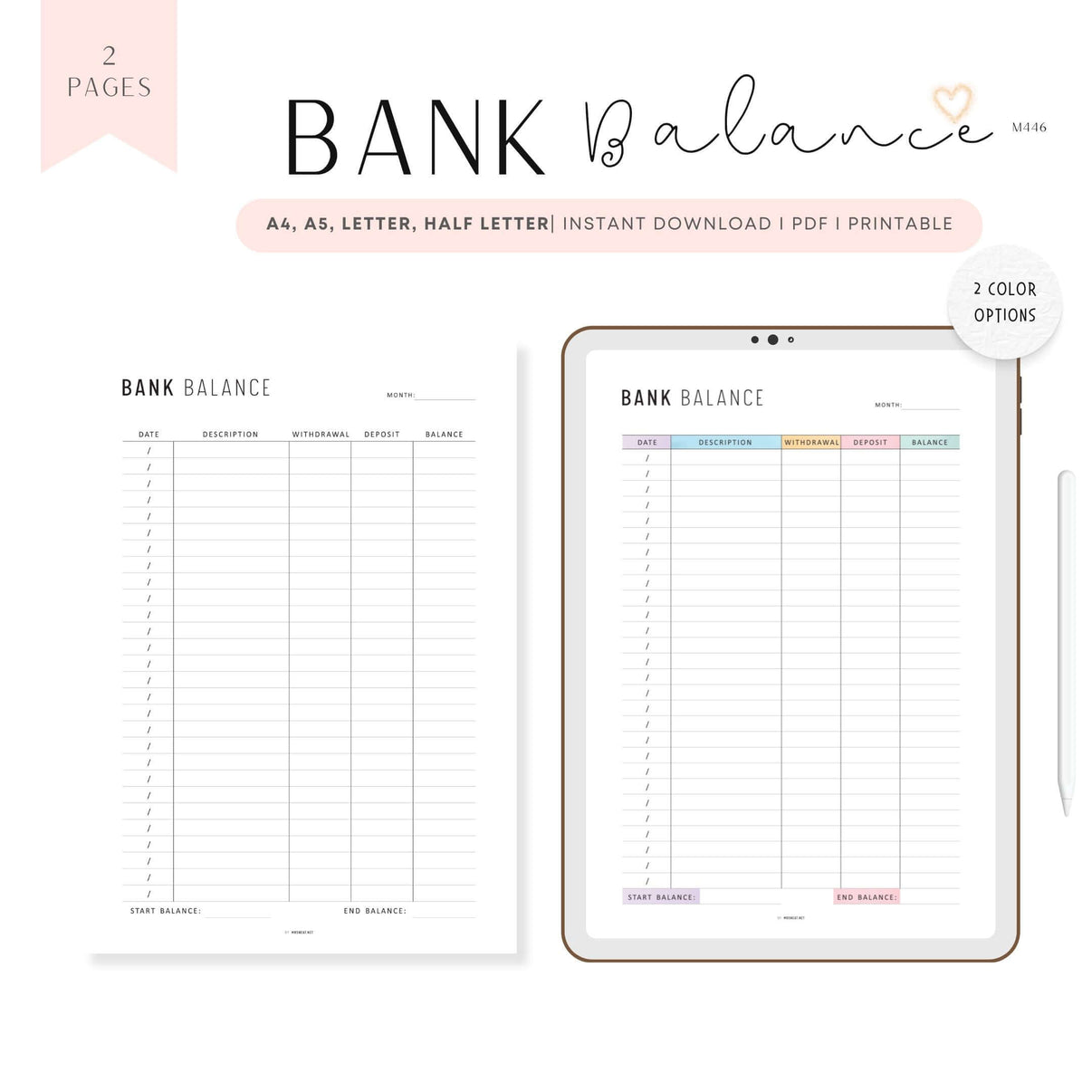 PRINTABLE Bank Balance Sheet, 2 Colors - M446 – mrsneat