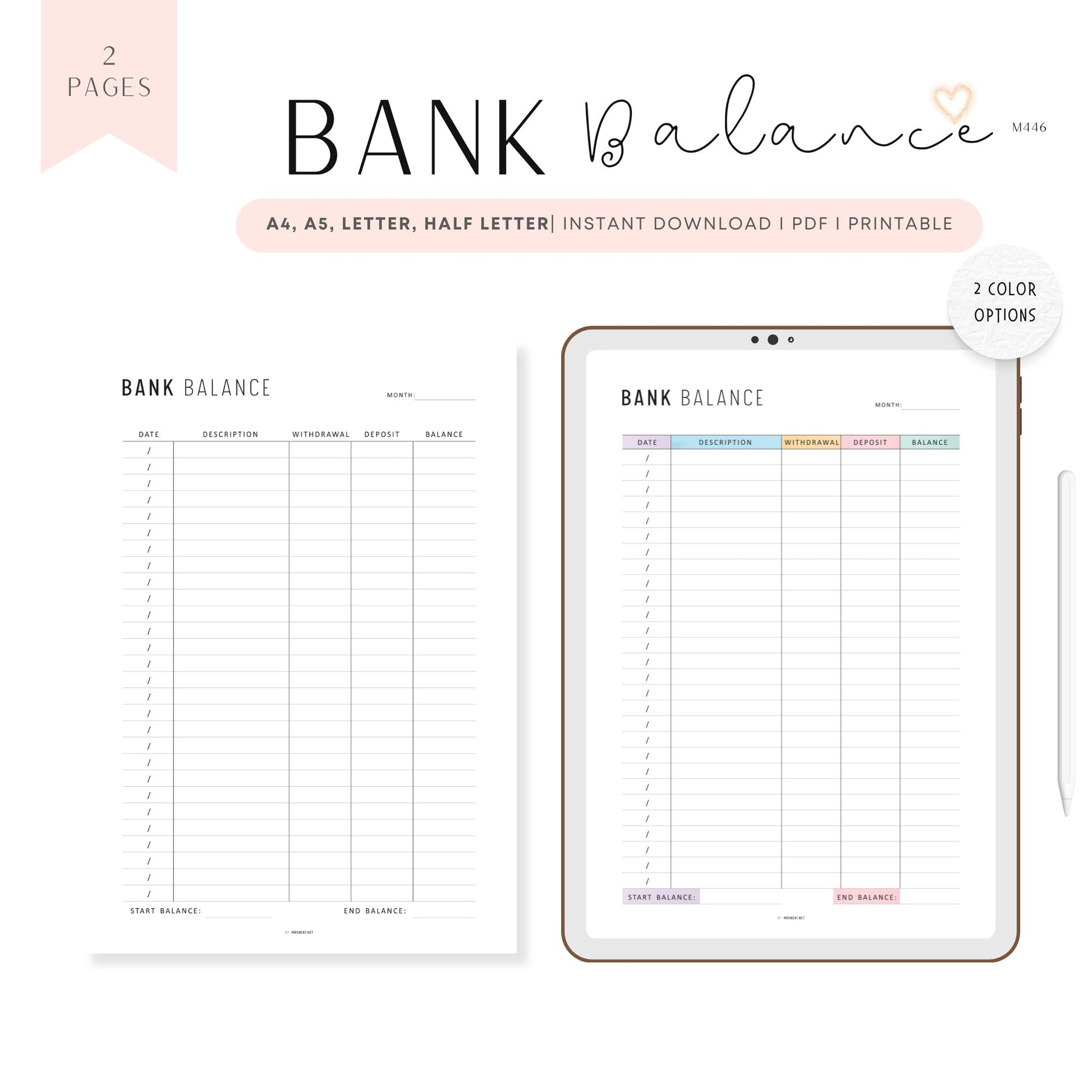 Bank Balance Sheet, Printable, A4, A5, Letter, Half Letter, Colorful and Minimalist Page
