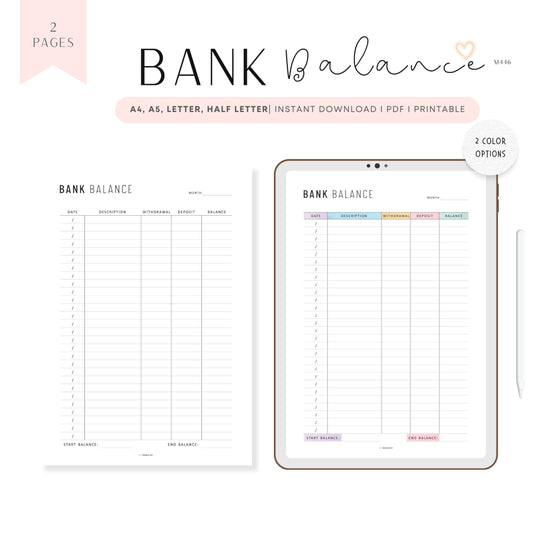 Bank Balance Sheet, Printable, A4, A5, Letter, Half Letter, Colorful and Minimalist Page