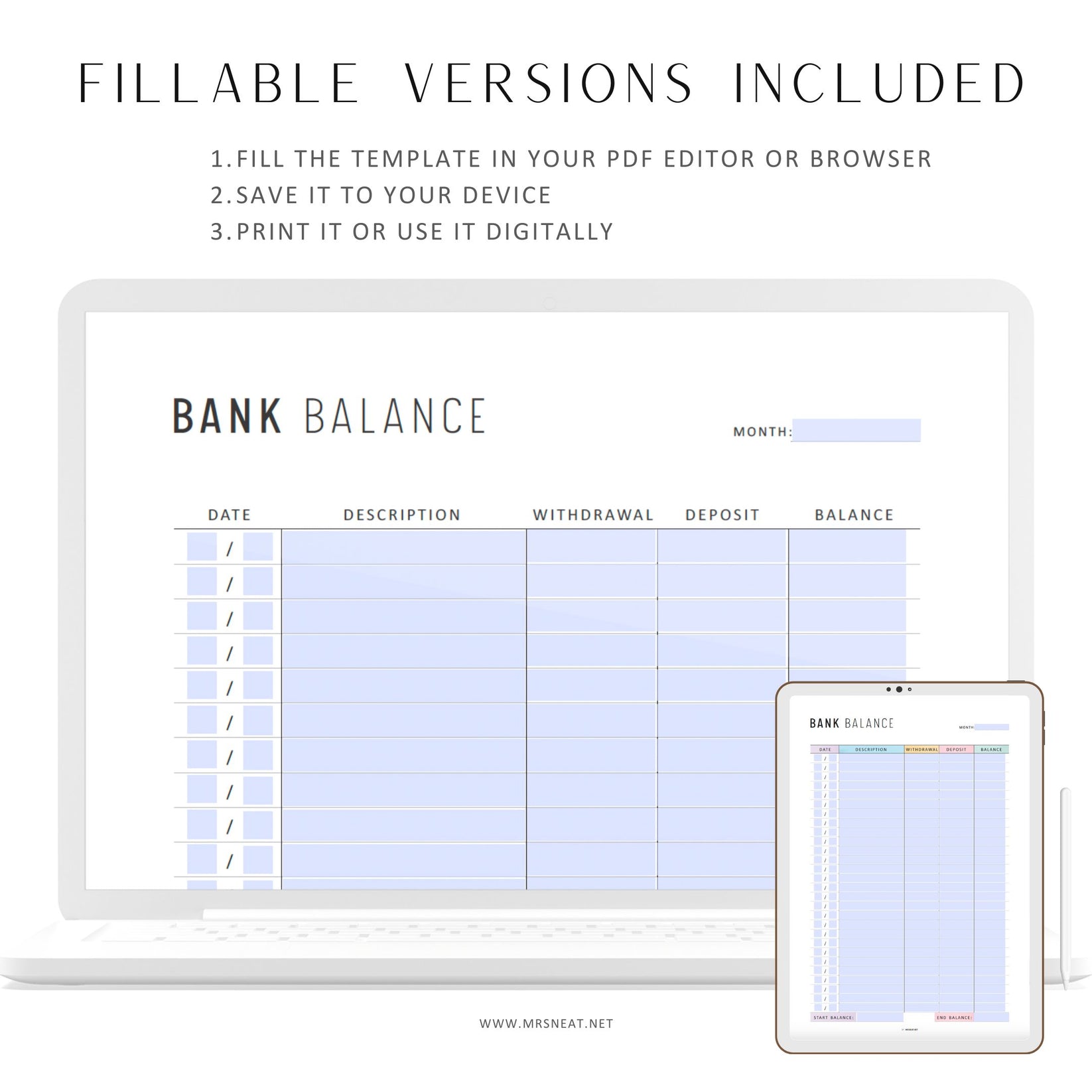 PRINTABLE Bank Balance Sheet, 2 Colors - M446 – mrsneat