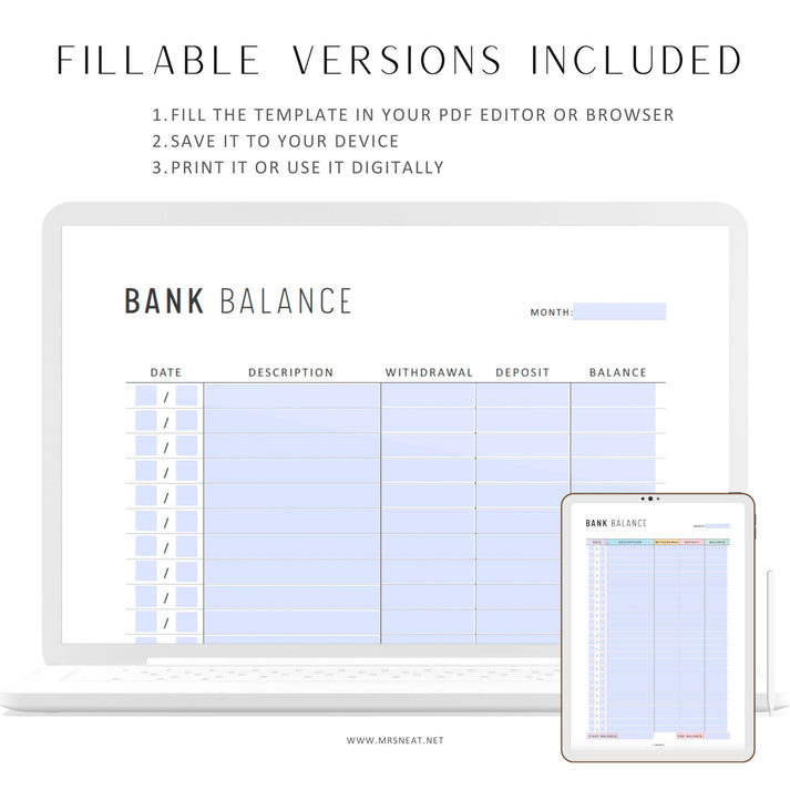 PRINTABLE Bank Balance Sheet, 2 Colors - M446 – mrsneat