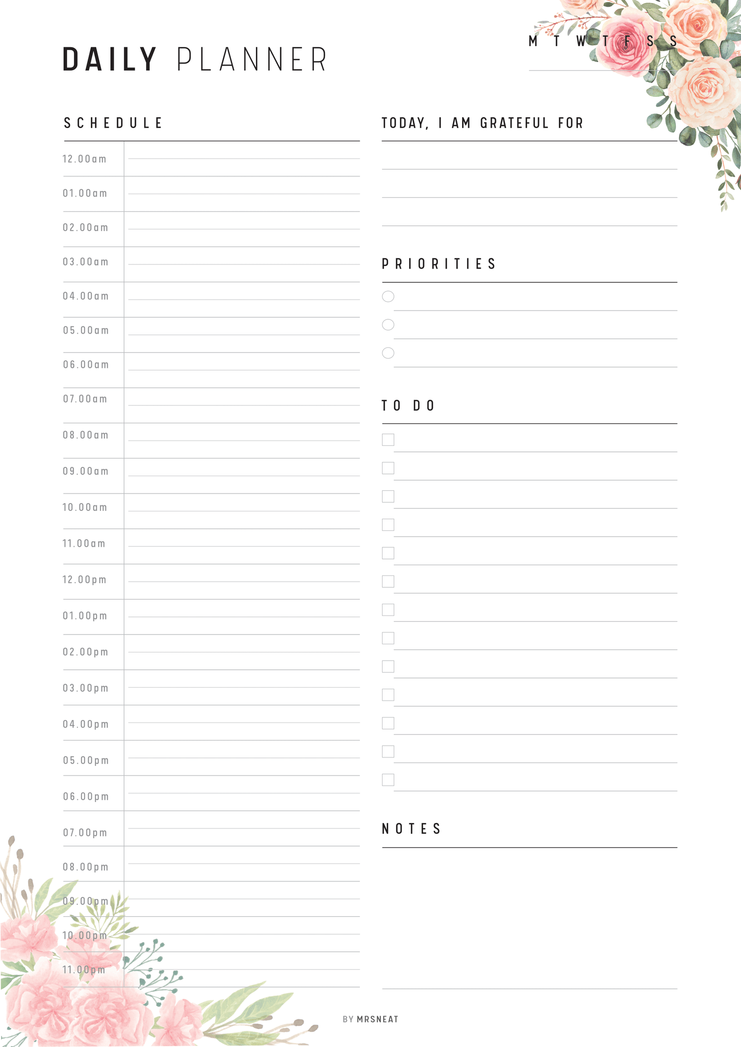 Floral 24 Hour Daily Planner Printable, A4 size