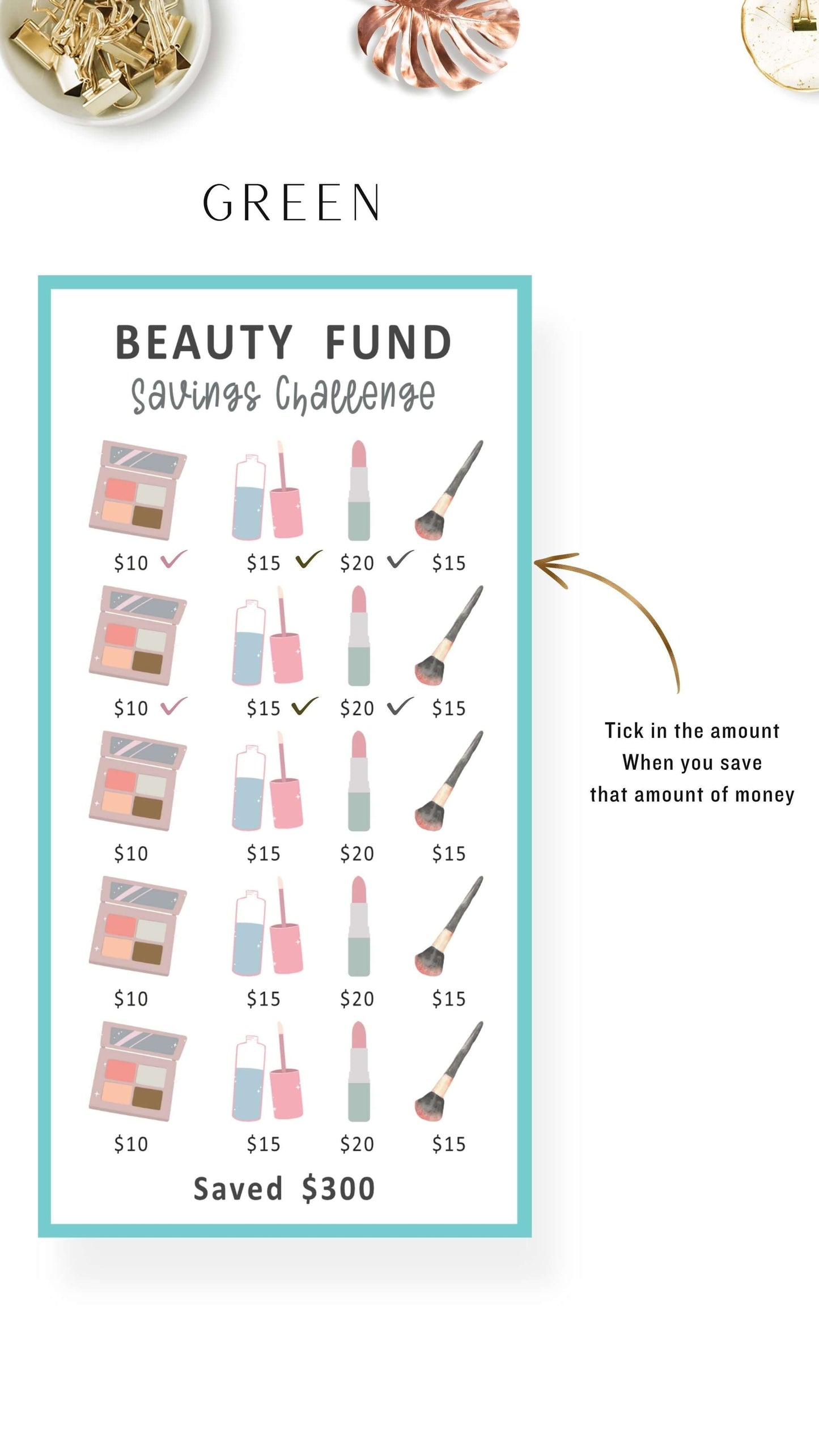 Green A6 Mini Savings Challenge Beauty Fund