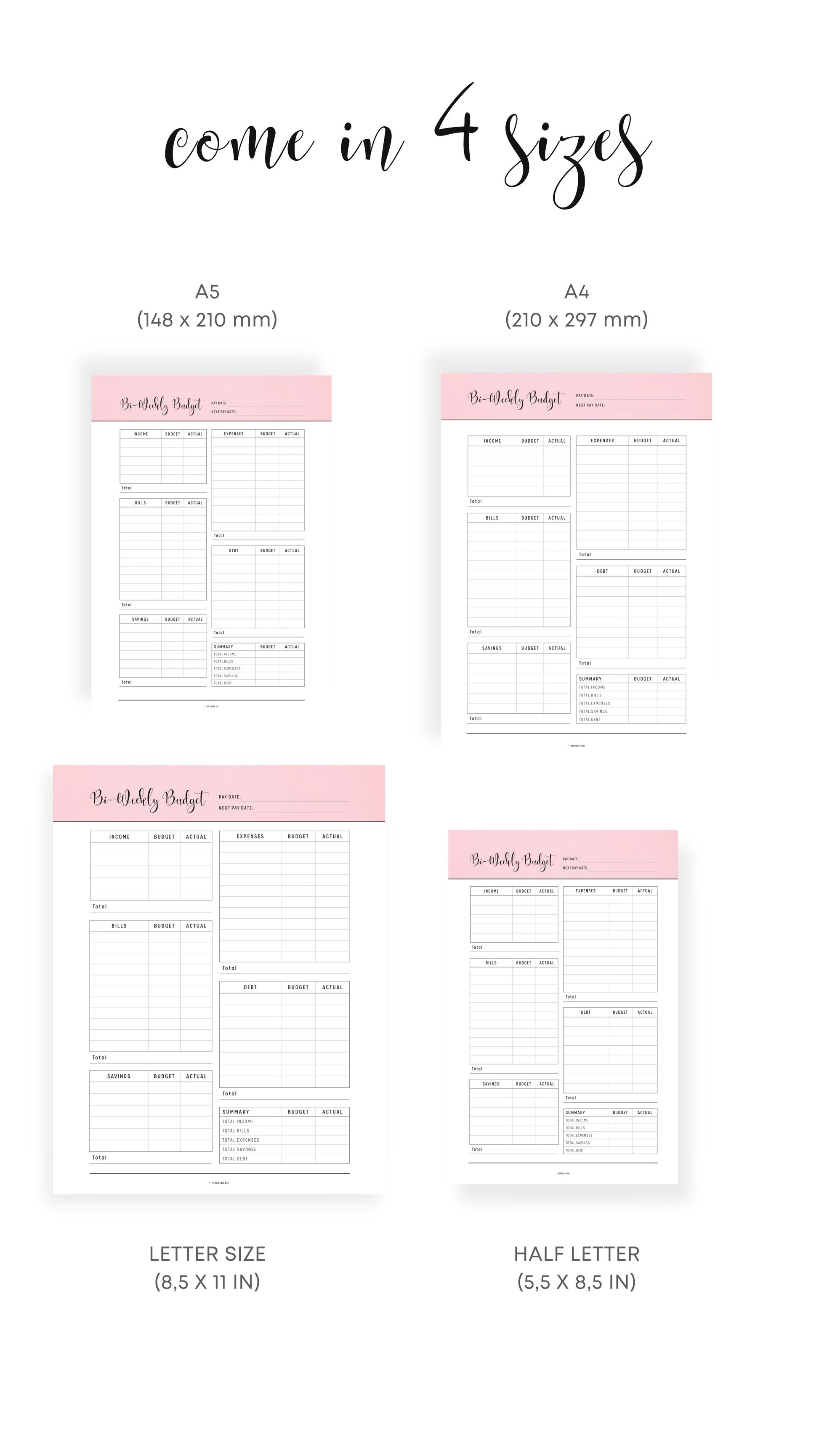 A4, A5, Letter, Half Letter Bi-Weekly Budget Template Printable