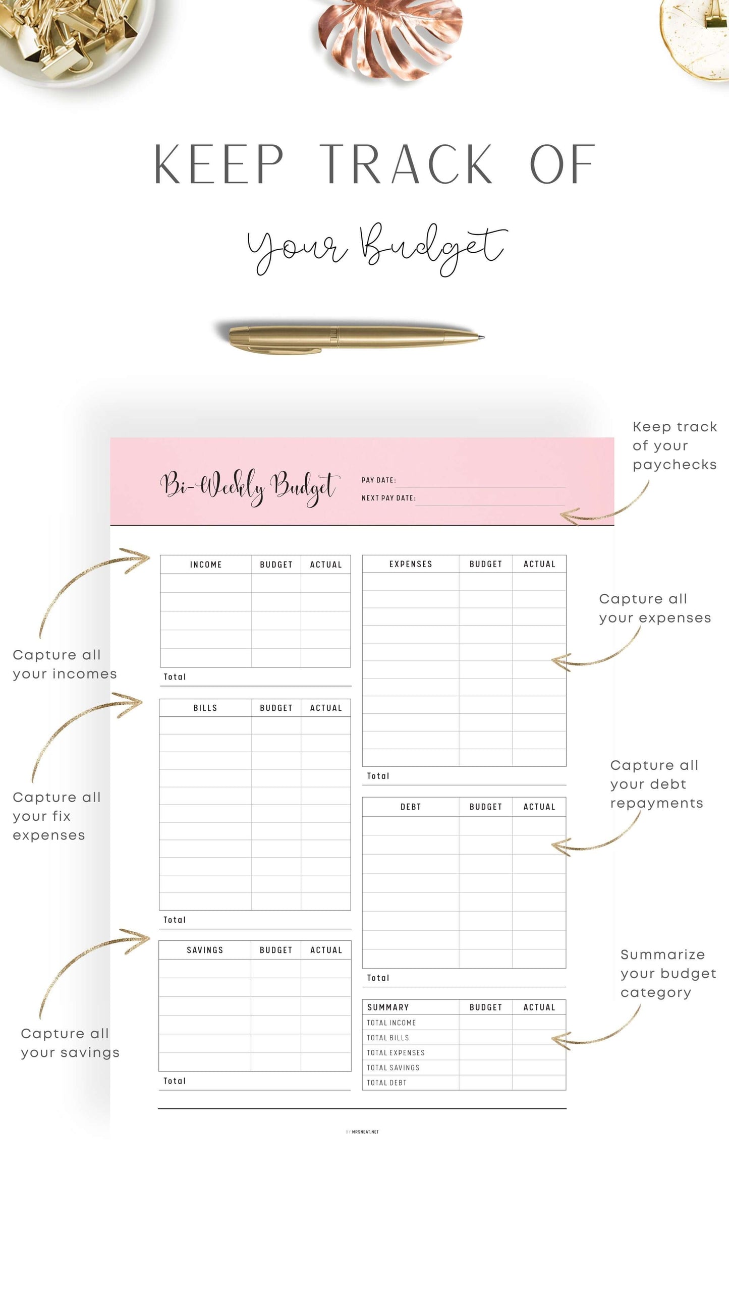 Pink Blush Bi-Weekly Budget Template Printable