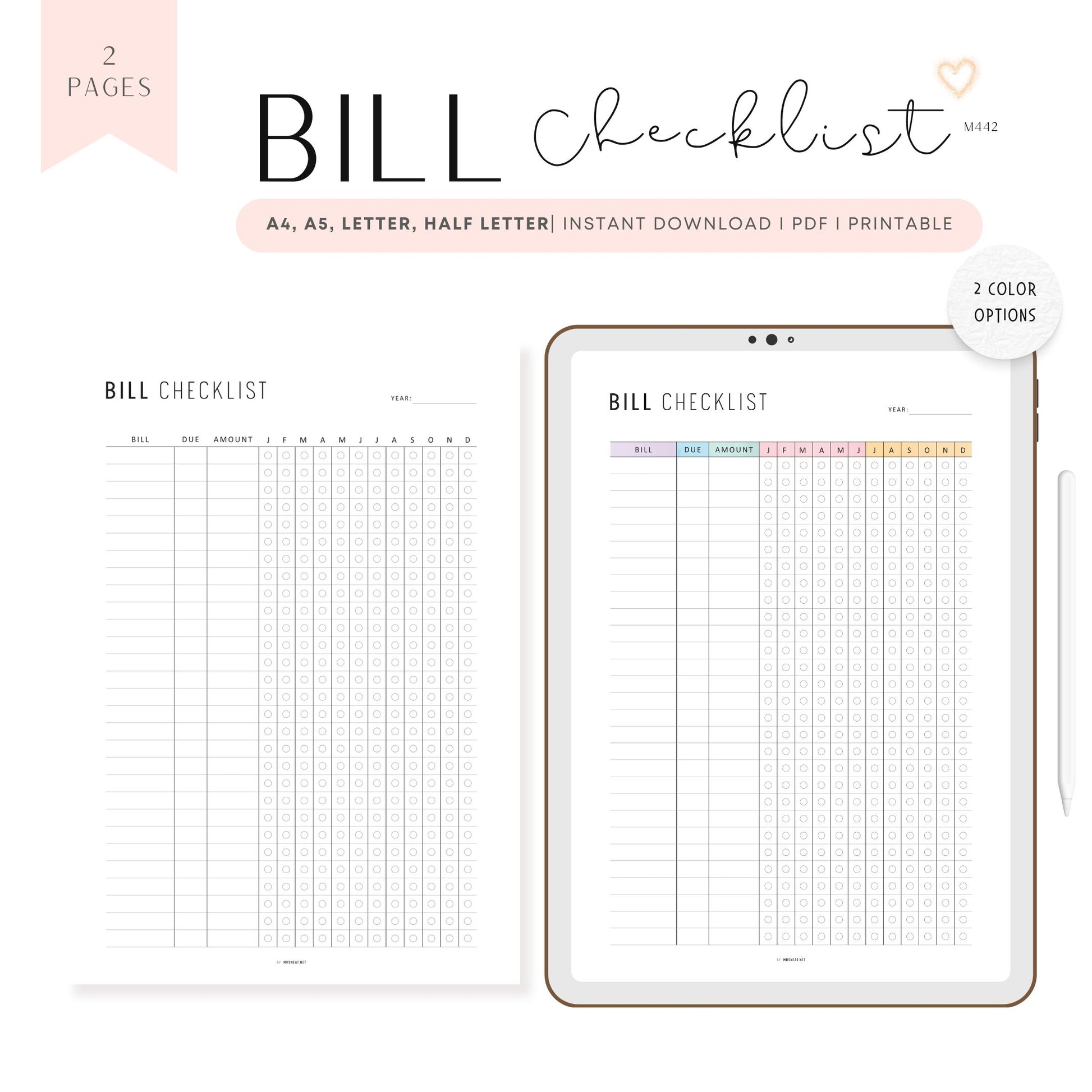 One Year Bill Checklist Printable, 12 Month Bill Payment Checklist, A4, A5, Letter, Half Letter, Minimalist & Colorful Page