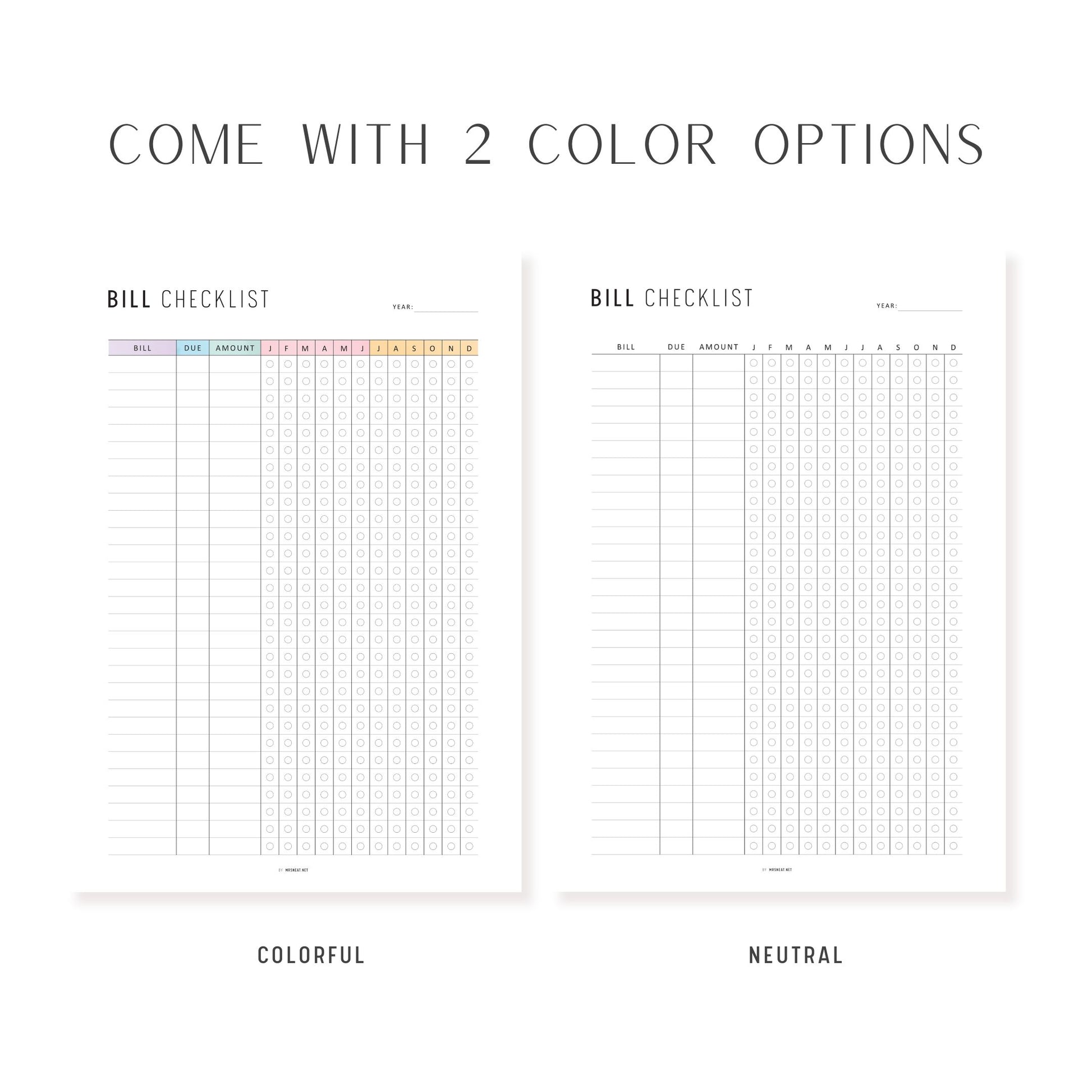One Year Bill Checklist Printable, 12 Month Bill Payment Checklist, A4, A5, Letter, Half Letter, Minimalist & Colorful Page