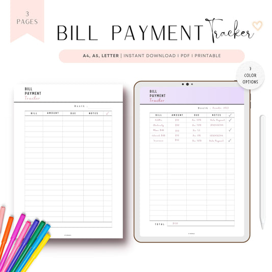 Bill Payment Tracker Printable, Spending Tracker Sheet, Bill Tracker Template, PDF, A4, A5, US Letter, 3 color options
