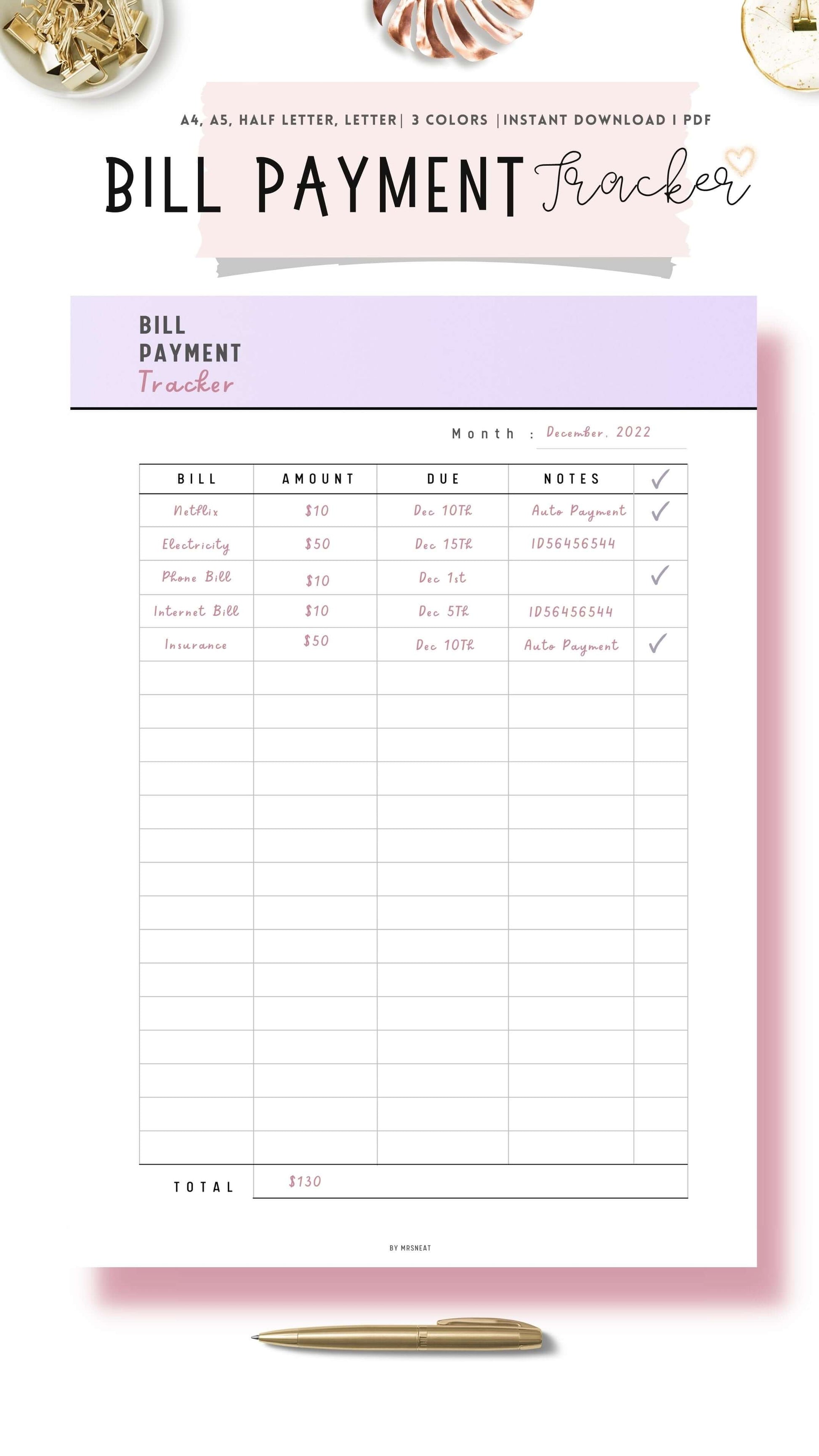 Bill Payment Tracker Printable, Spending Tracker Sheet, Bill Tracker Template, PDF, A4, A5, US Letter, 3 color options