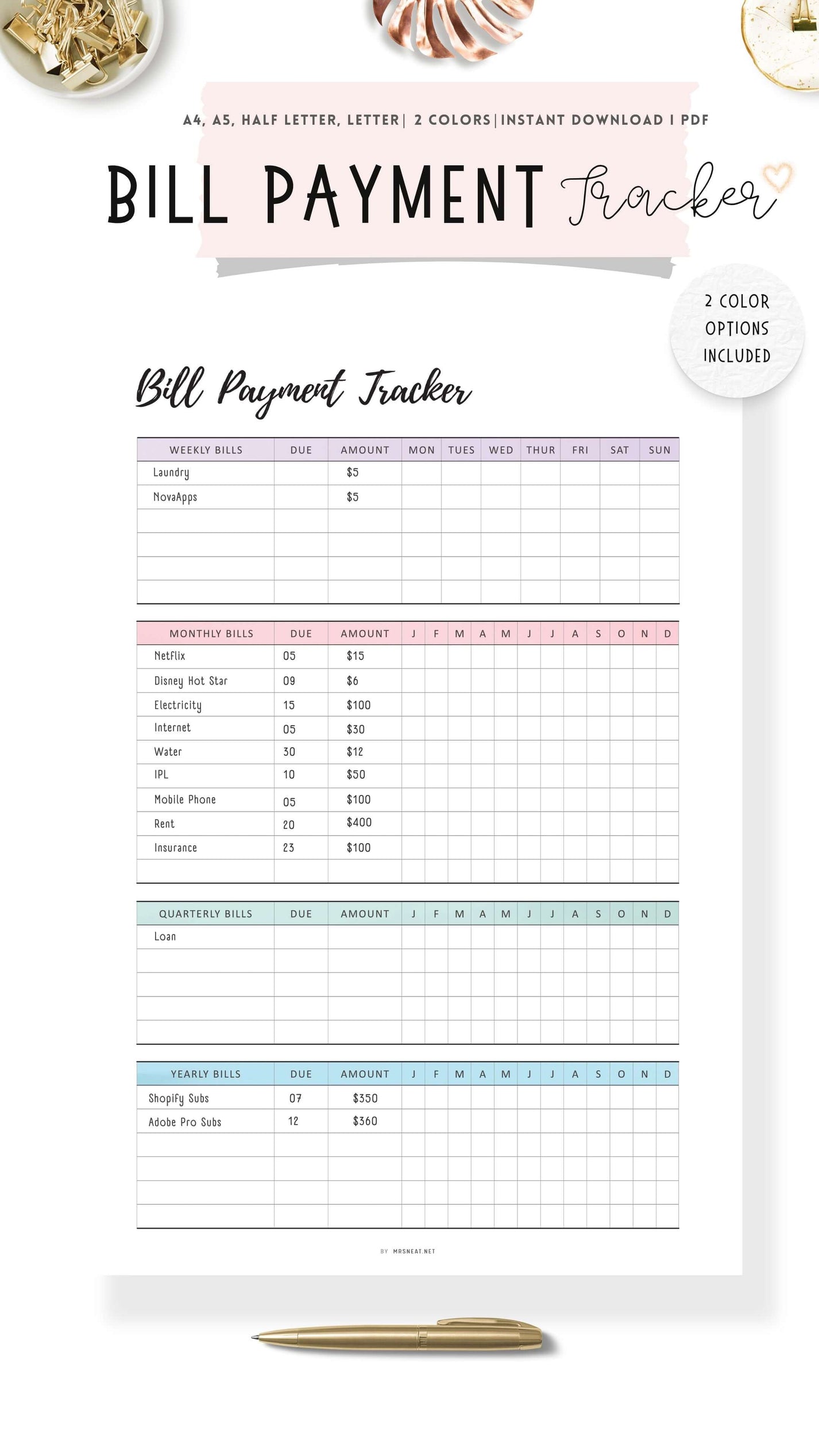 Bill Payment Tracker Printable mrsneat