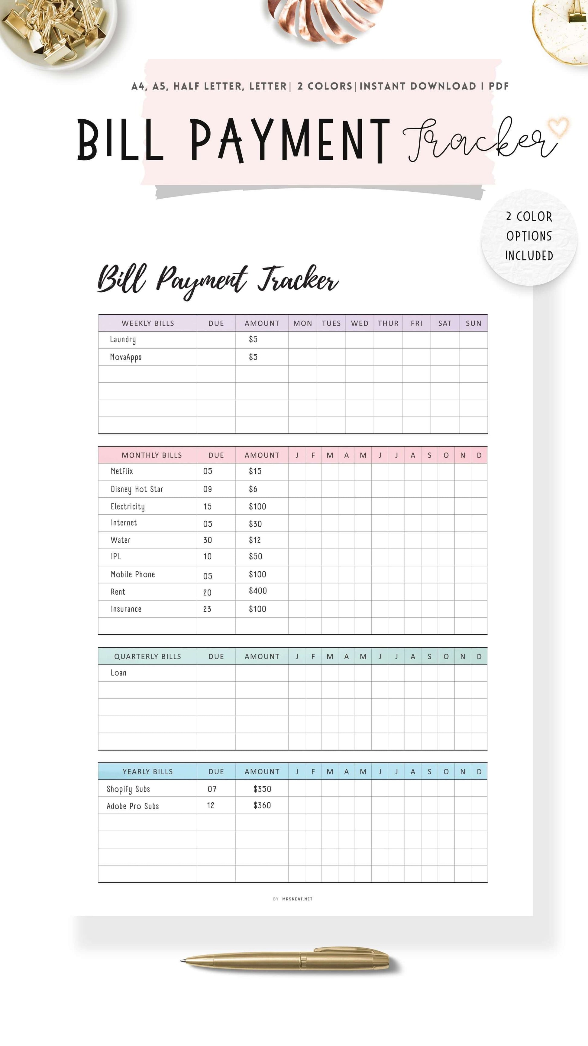 Weekly, Monthly, Quarterly, Yearly Bill Payment Tracker Printable, Colorful and Minimalist Template, A4, A5, Letter, Half Letter, Digital Planner