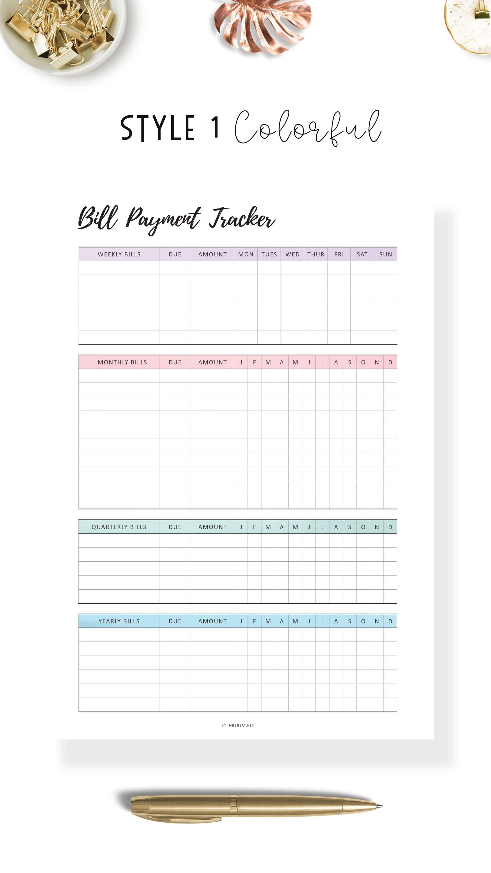 Weekly, Monthly, Quarterly, Yearly Bill Payment Tracker Printable, Colorful and Minimalist Template, A4, A5, Letter, Half Letter, Digital Planner