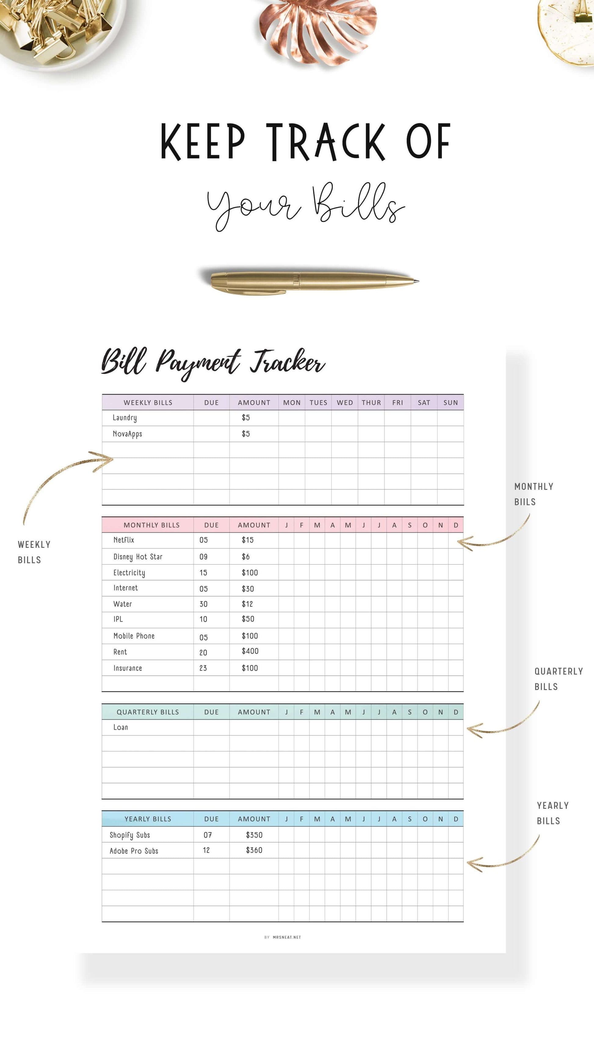 Weekly, Monthly, Quarterly, Yearly Bill Payment Tracker Printable, Colorful and Minimalist Template, A4, A5, Letter, Half Letter, Digital Planner