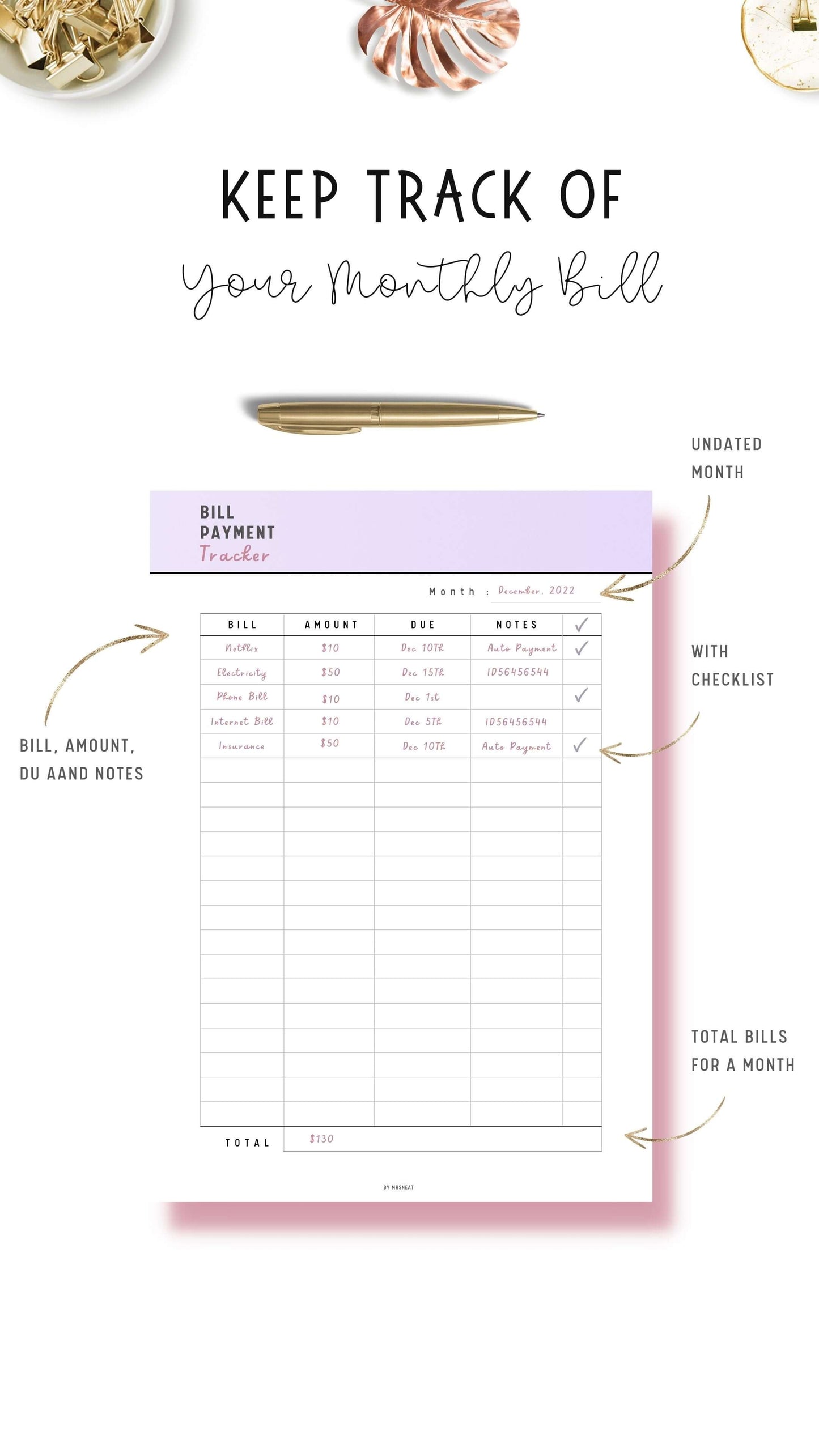 Bill Payment Tracker Printable, Spending Tracker Sheet, Bill Tracker Template, PDF, A4, A5, US Letter, 3 color options