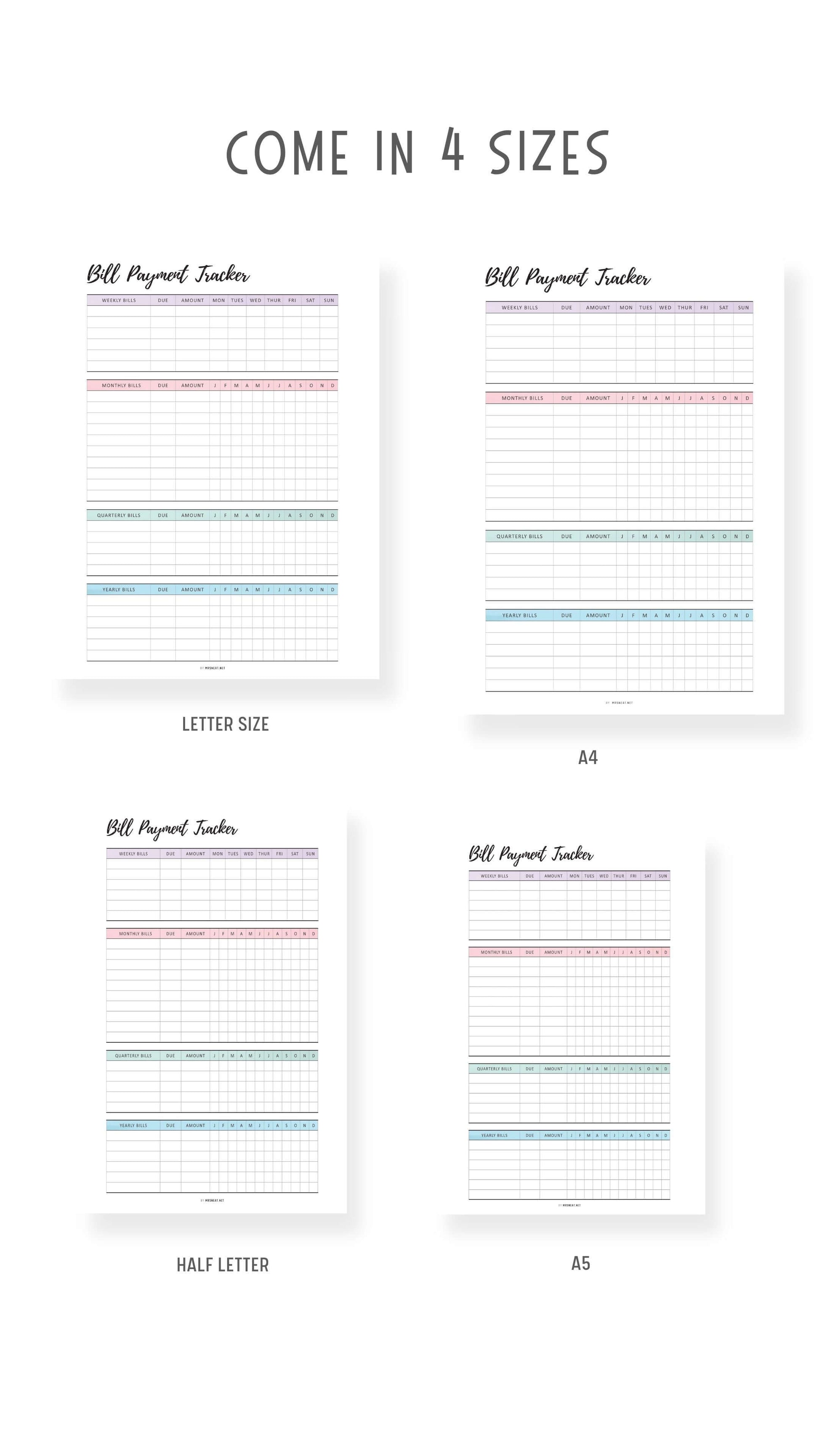 Weekly, Monthly, Quarterly, Yearly Bill Payment Tracker Printable, Colorful and Minimalist Template, A4, A5, Letter, Half Letter, Digital Planner