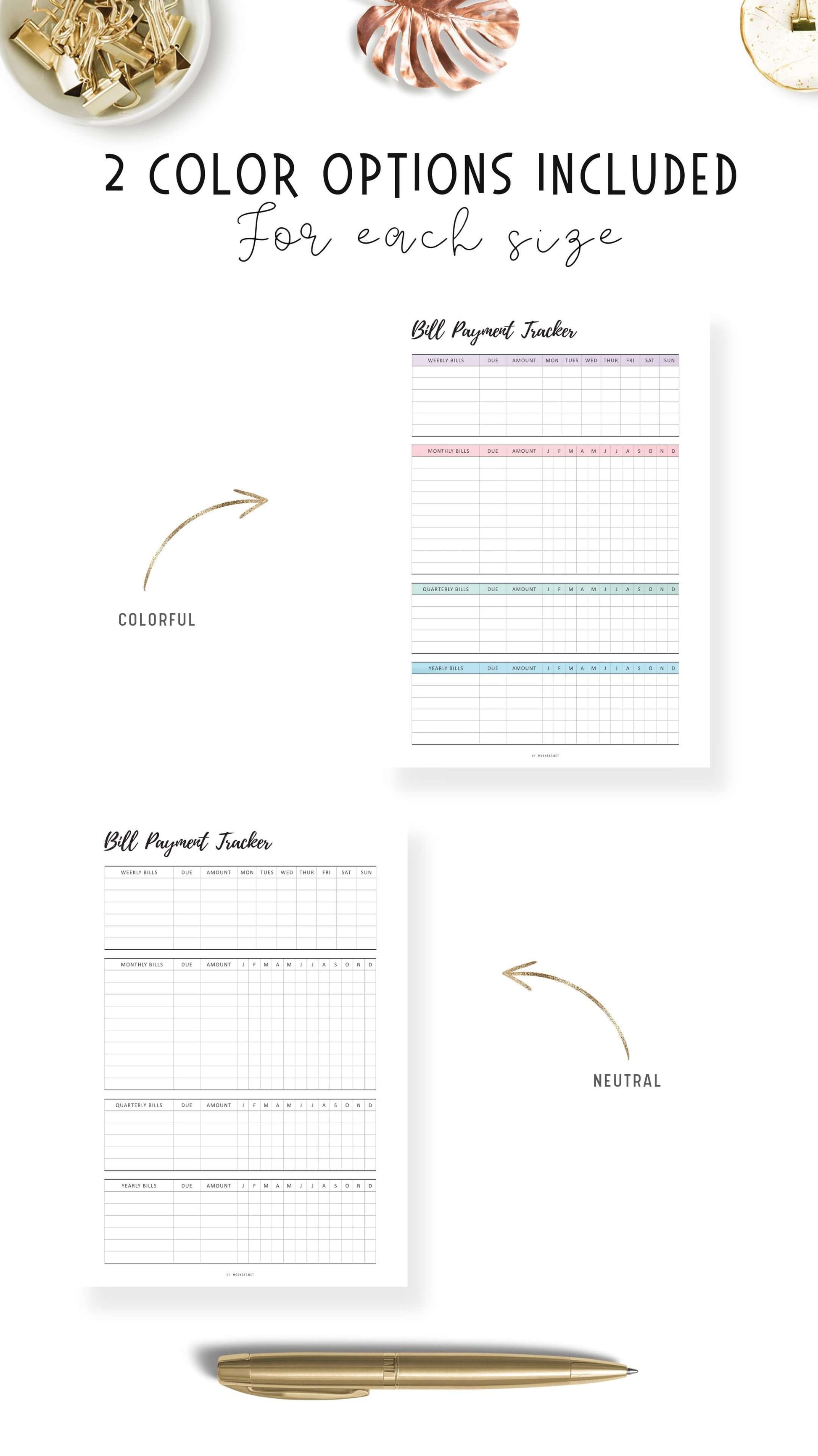 Weekly, Monthly, Quarterly, Yearly Bill Payment Tracker Printable, Colorful and Minimalist Template, A4, A5, Letter, Half Letter, Digital Planner