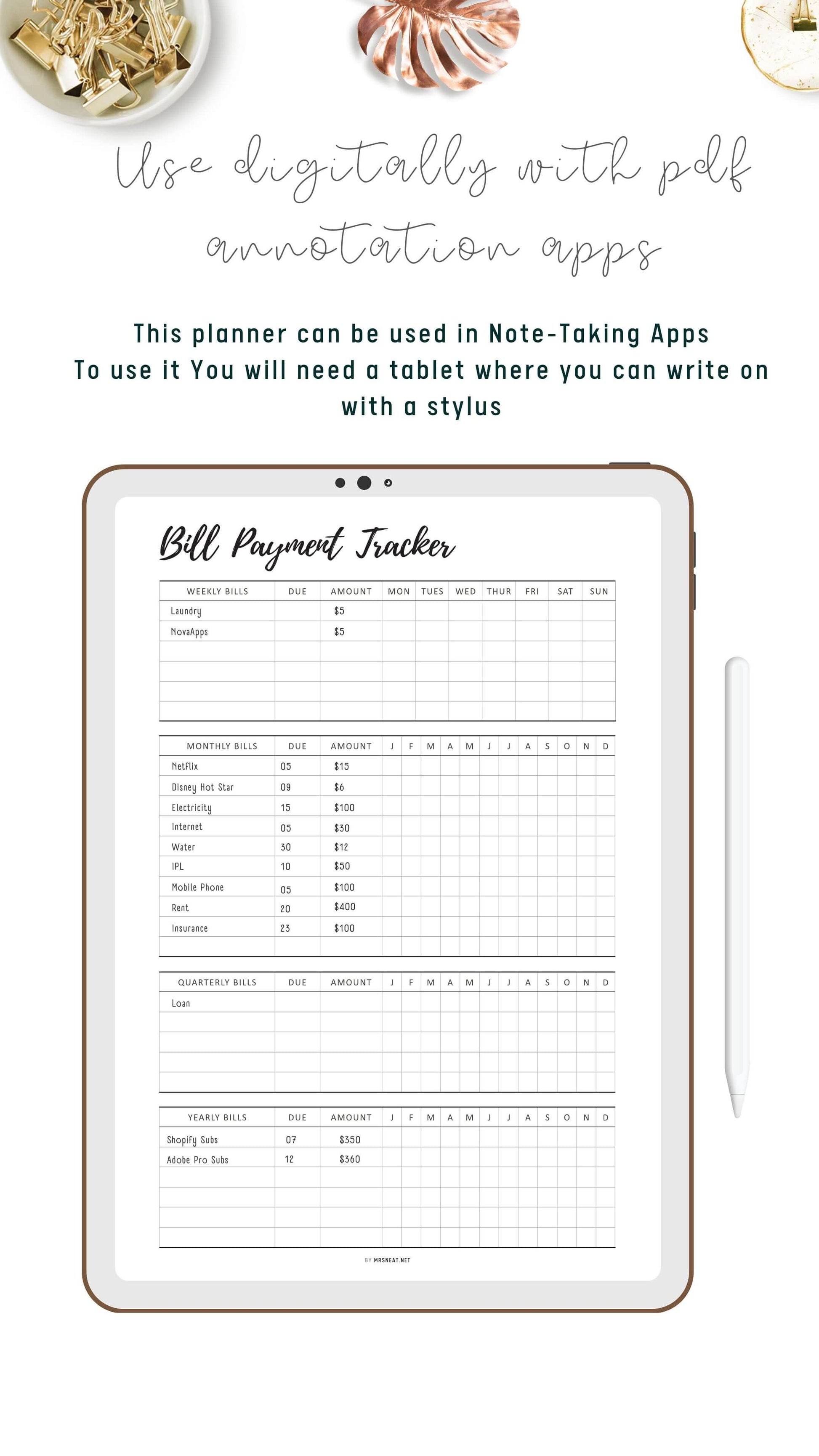 Weekly, Monthly, Quarterly, Yearly Bill Payment Tracker Printable, Colorful and Minimalist Template, A4, A5, Letter, Half Letter, Digital Planner