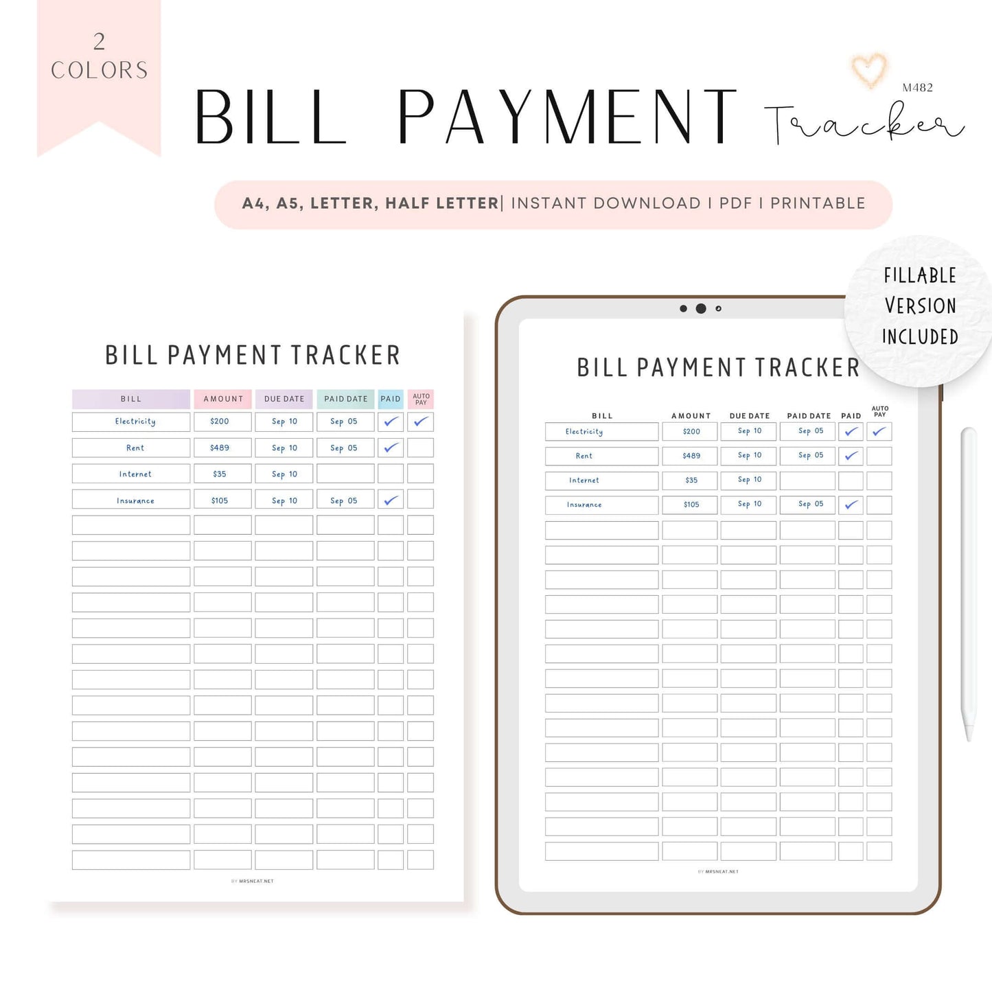 Editable Bill Payment Tracker, Digital and Printable Planner, 2 color options