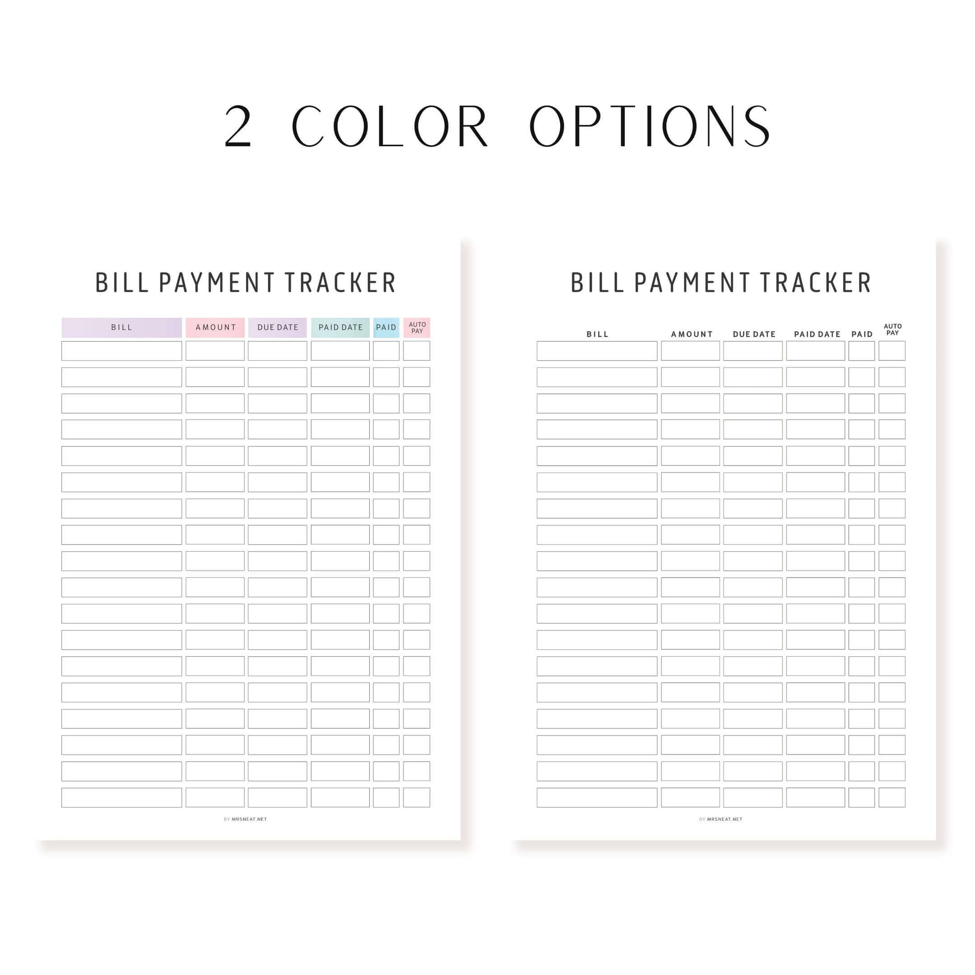 Bill Payment Tracker, Digital and Printable Planner, 2 color options