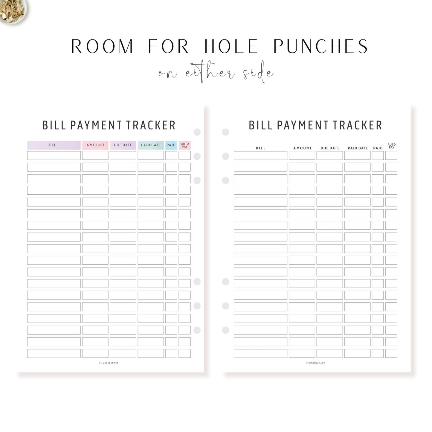 Room for hole punches Editable Bill Payment Tracker, Digital and Printable Planner, 2 color options