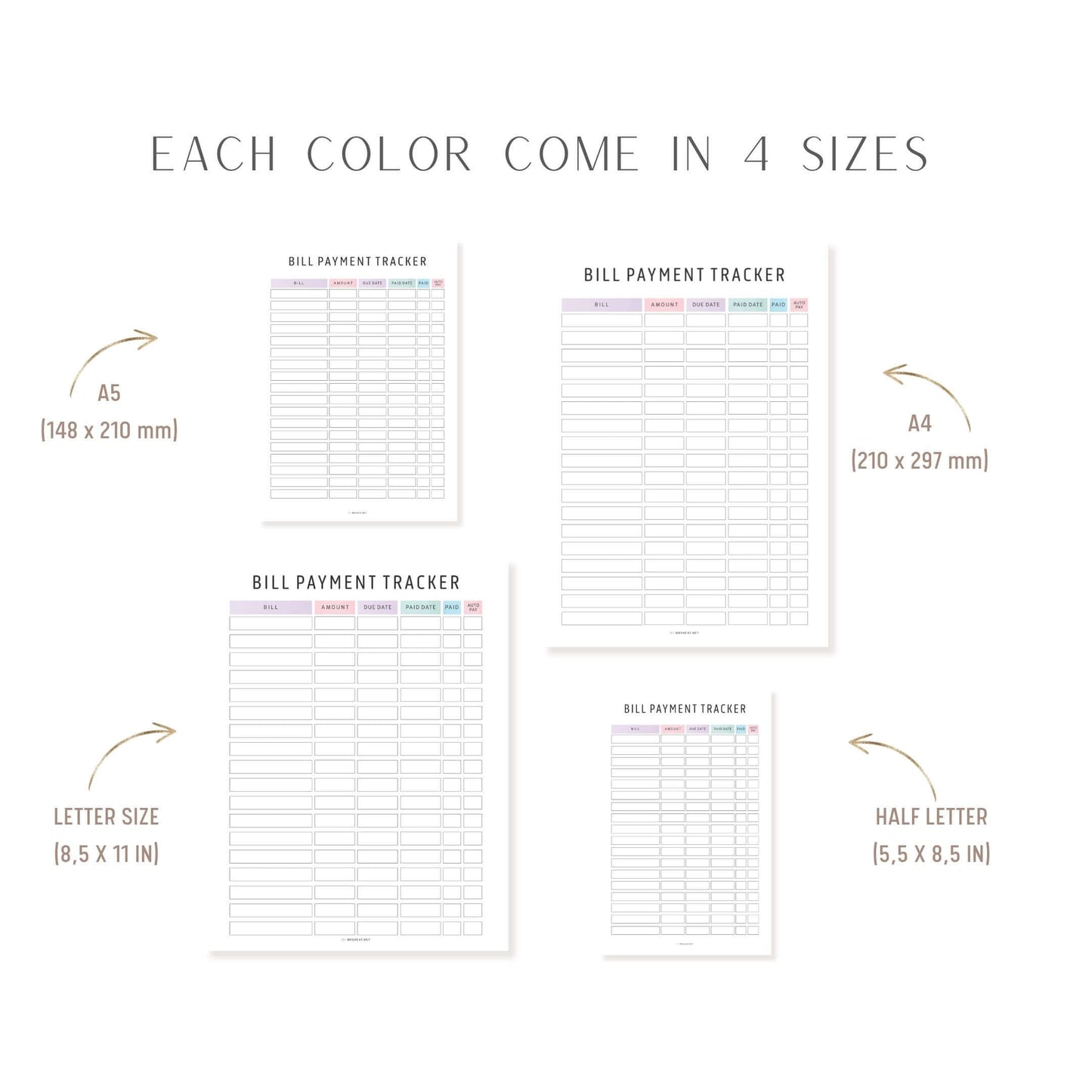 A4, A5, Letter, Half Letter Editable Bill Payment Tracker, Digital and Printable Planner, 2 color options