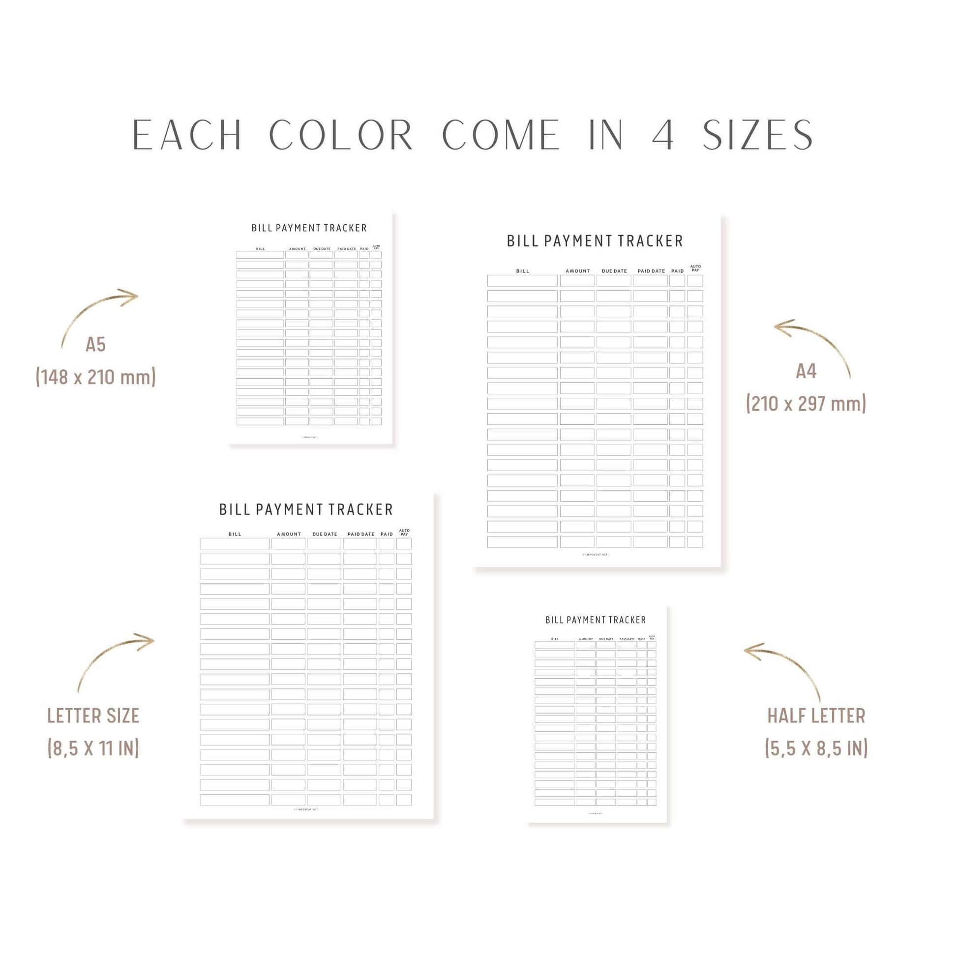 A4, A5, Letter, Half Letter Minimalist Editable Bill Payment Tracker, Digital and Printable Planner, 2 color options