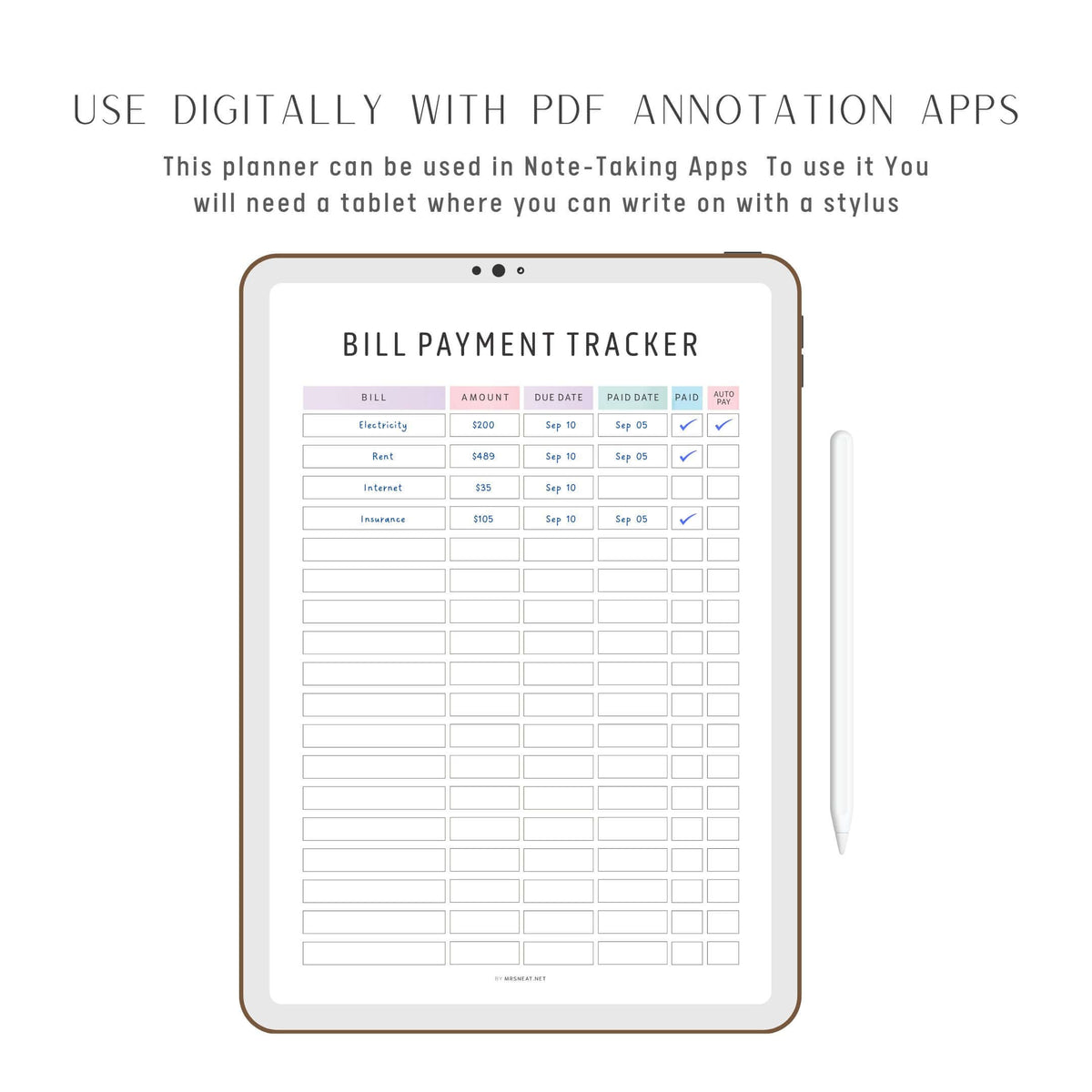 FILLABLE Bill Payment Tracker Template Printable - M482 – mrsneat