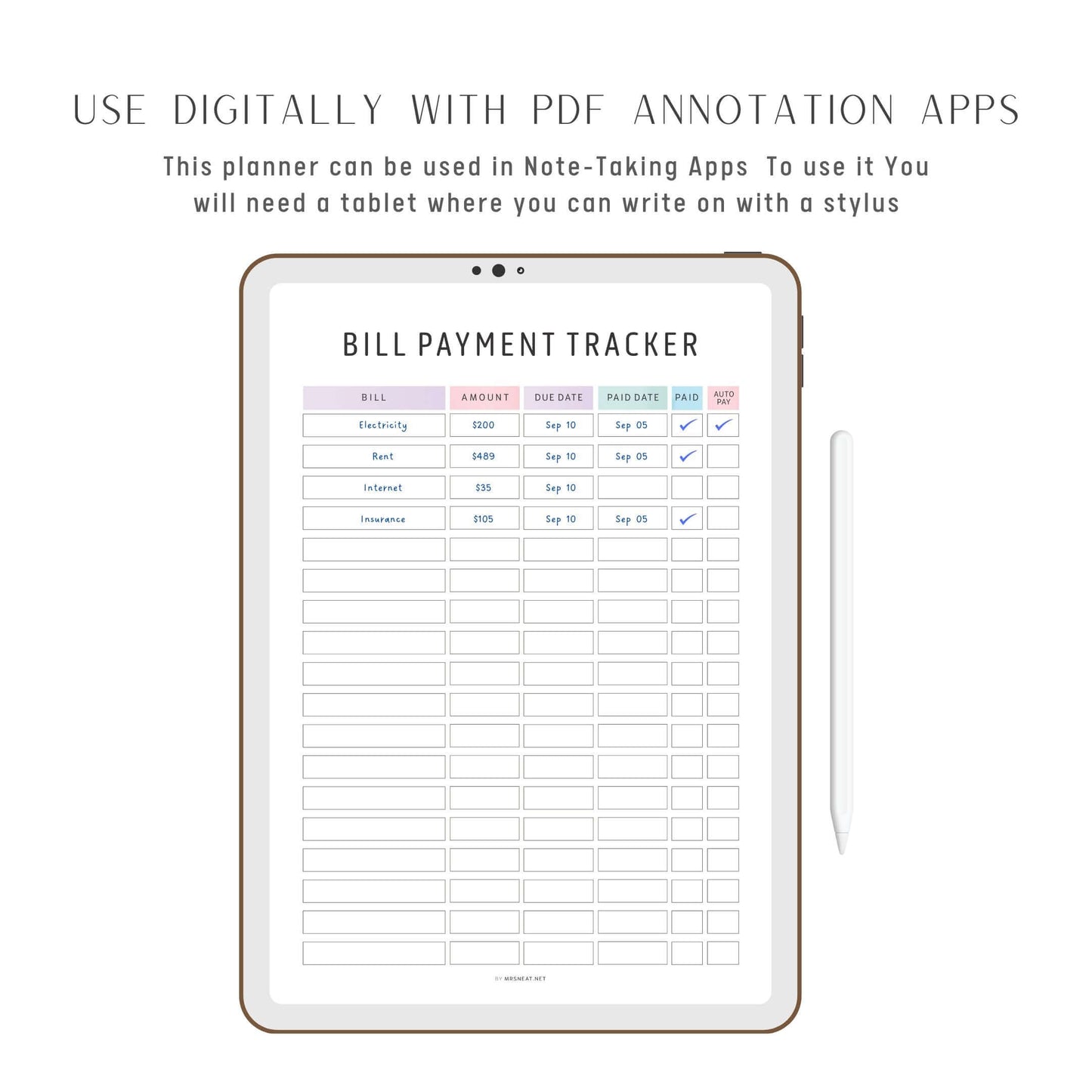 Digital Editable Bill Payment Tracker, Printable Planner, 2 color options