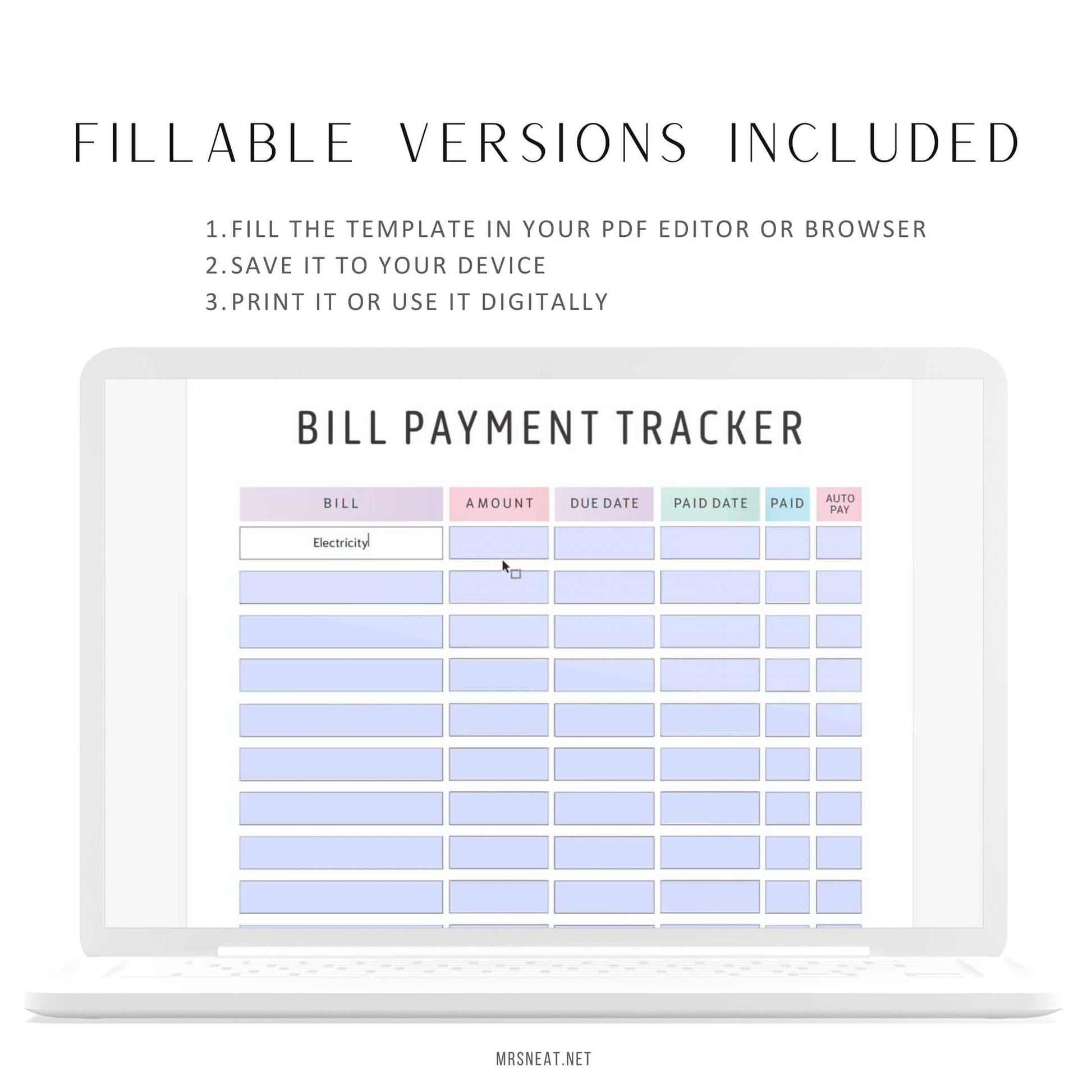 Beautiful Editable Bill Payment Tracker, Digital and Printable Planner, 2 color options