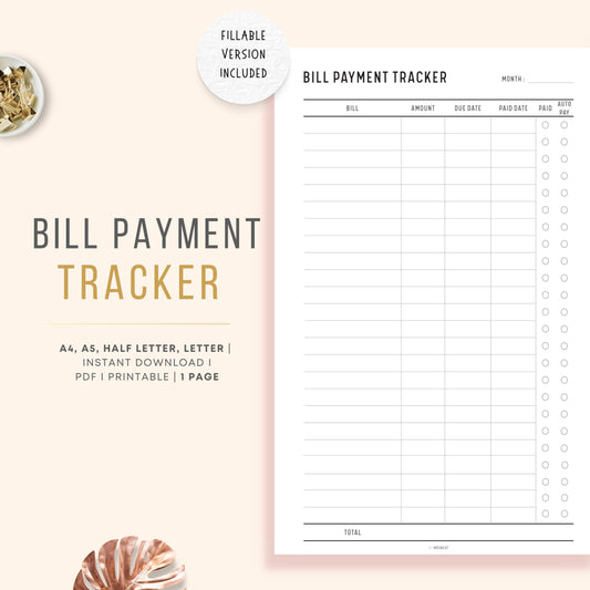 Minimalist Monthly Bill Payment Tracker with room for bills, amount, date and payment options