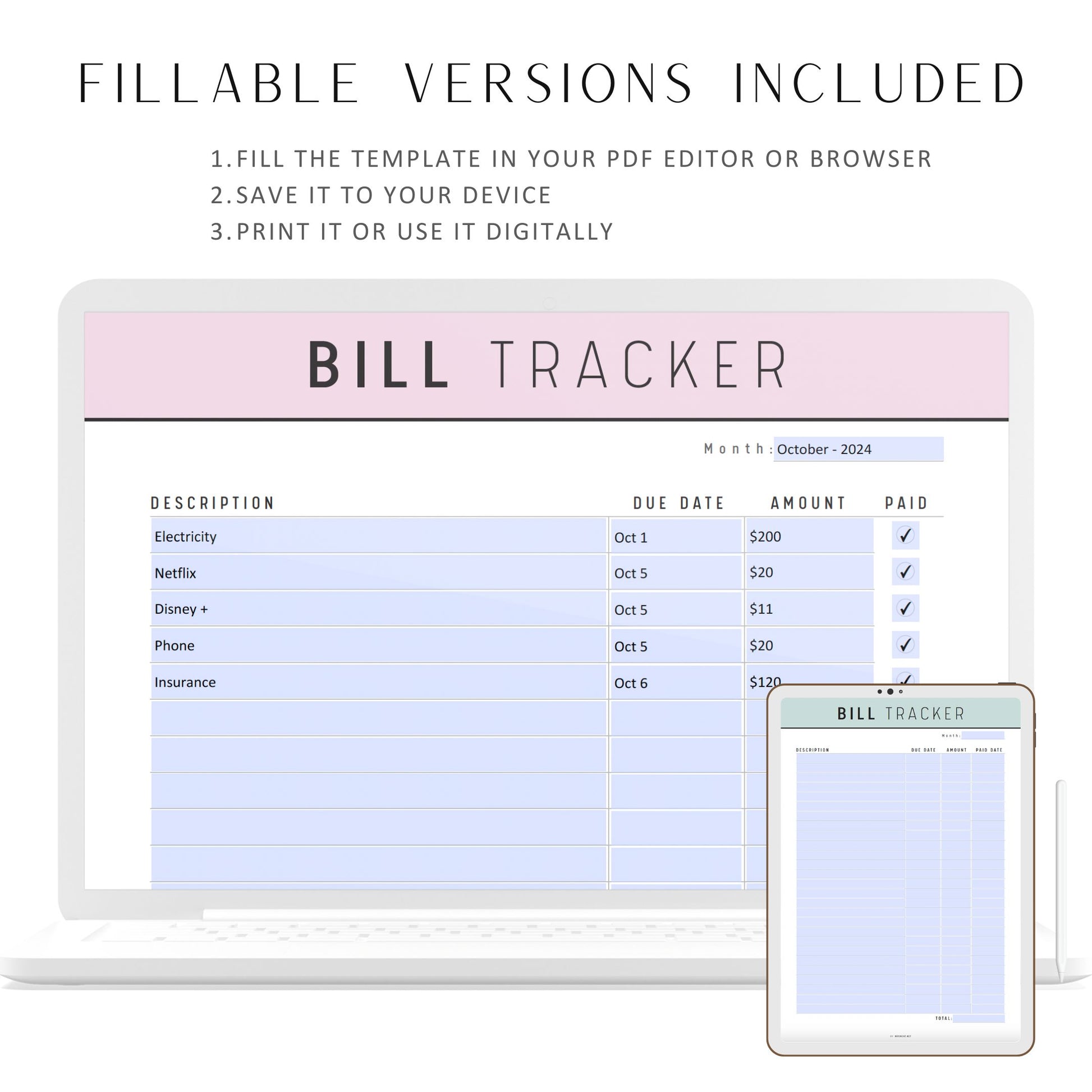 Fillable Bill Payment Tracker Printable, Spending Tracker Template, Expense Tracker, Bill Tracker, A4, A5, Letter, Half Letter, 5 colors