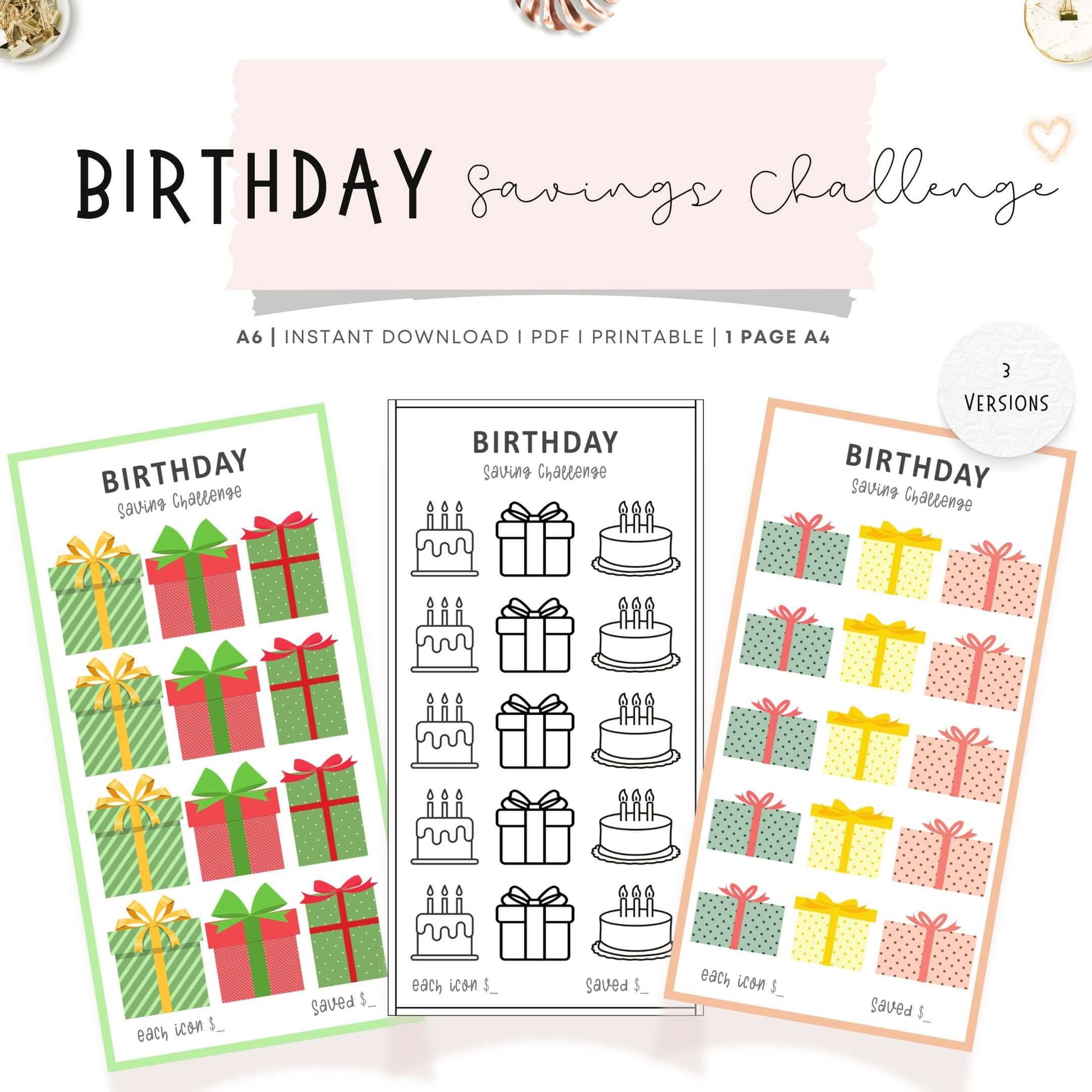 Birthday Gift Savings Challenge PDF, Colorful, Printable, A6, 3 versions