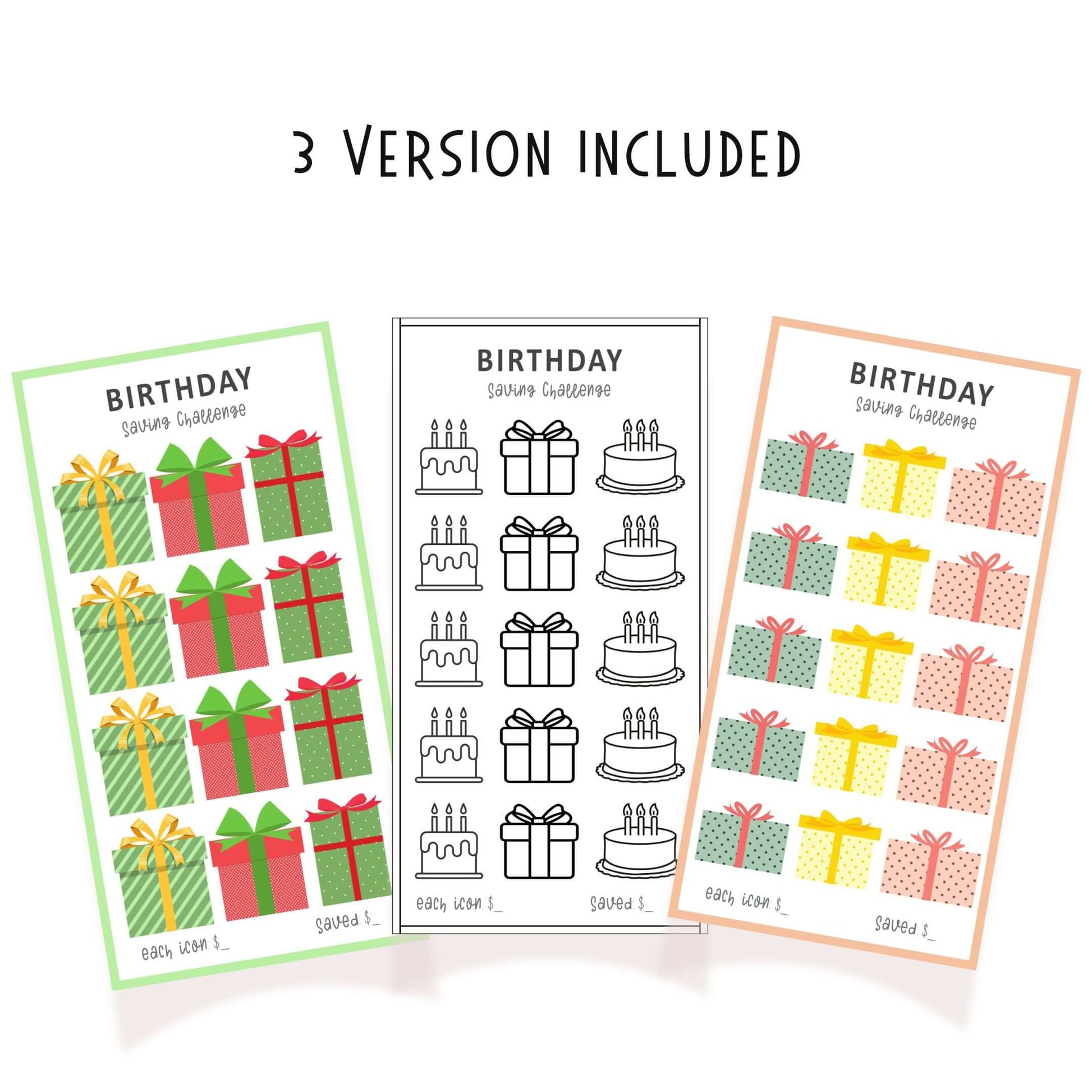 Birthday Gift Savings Challenge PDF, Colorful, Printable, A6, 3 versions