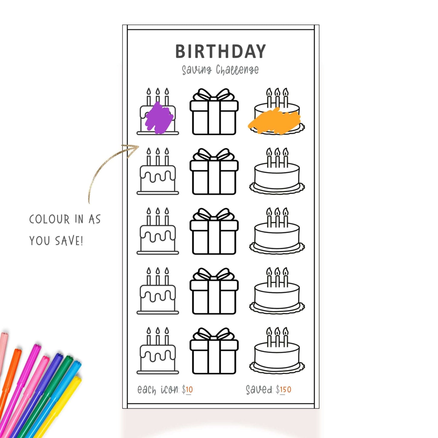 Birthday Gift Savings Challenge PDF, Colorful, Printable, A6, 3 versions