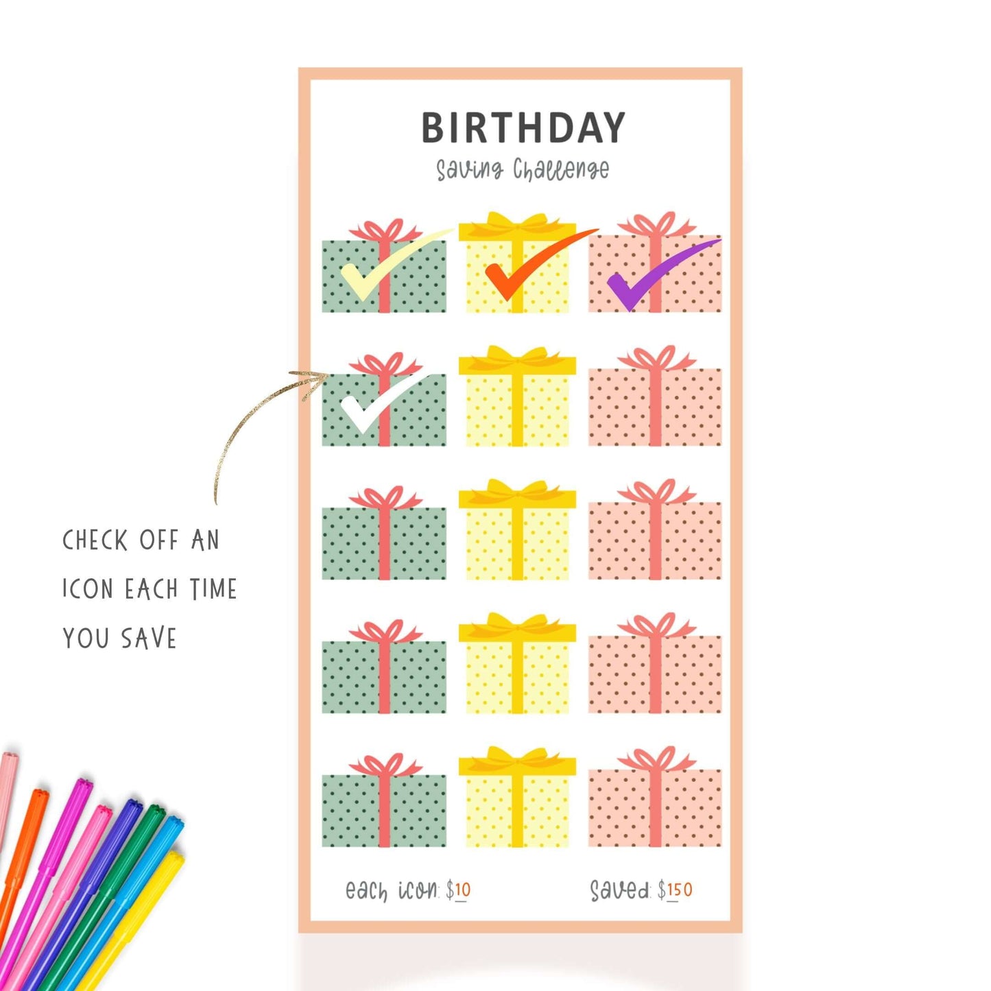 Birthday Gift Savings Challenge PDF, Colorful, Printable, A6, 3 versions