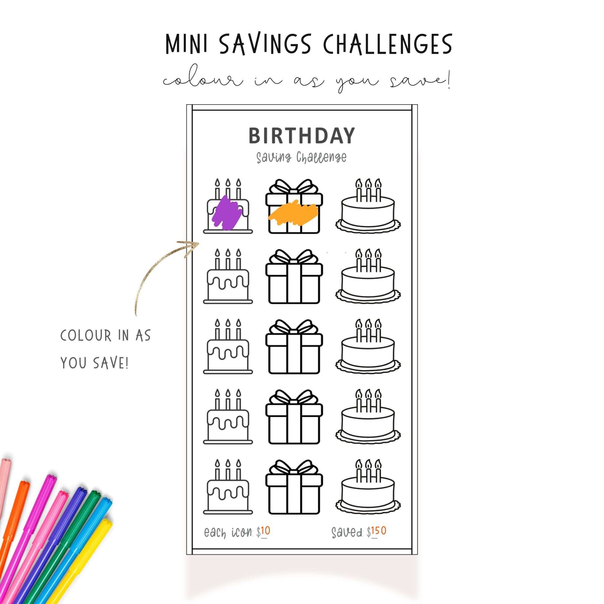 Birthday Gift Savings Challenge PDF, Colorful, Printable, A6, 3 versions