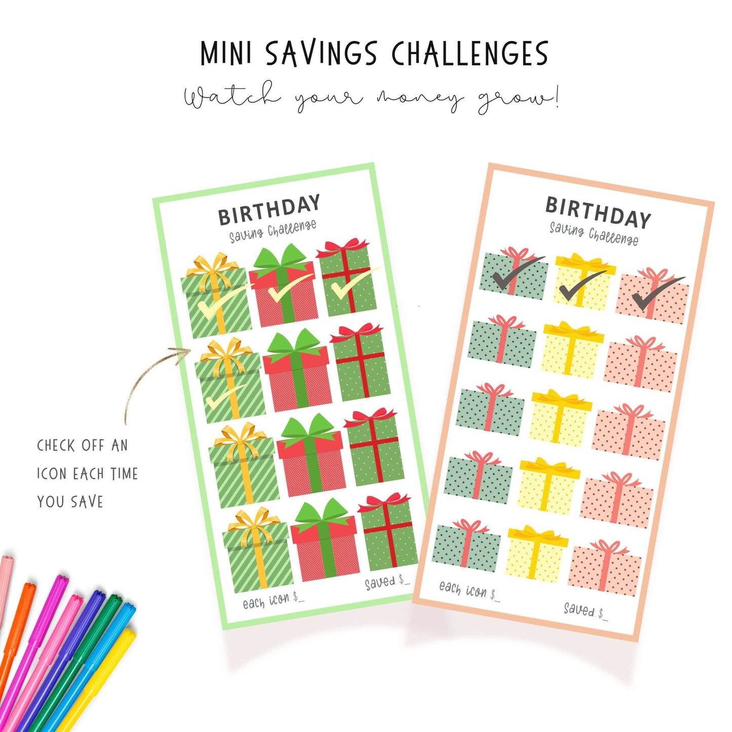 Birthday Gift Savings Challenge PDF, Colorful, Printable, A6, 3 versions