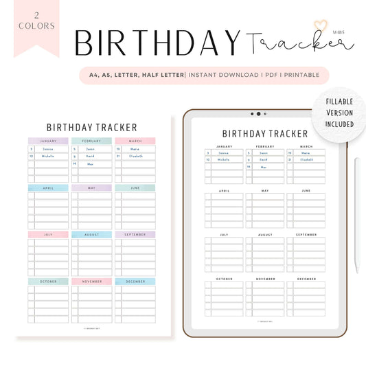 Birthday Tracker Printable, Editable PDF, 2 color options