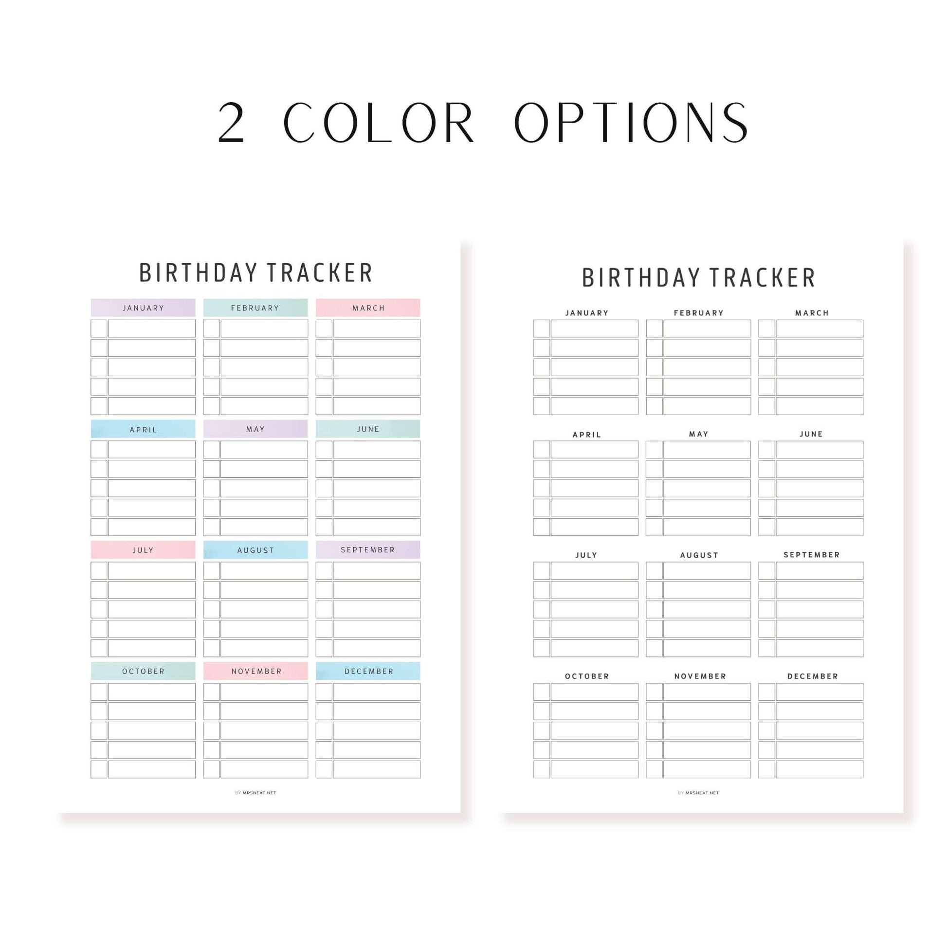 Colorful & Minimalist Birthday Tracker Printable, Editable PDF, 2 color options