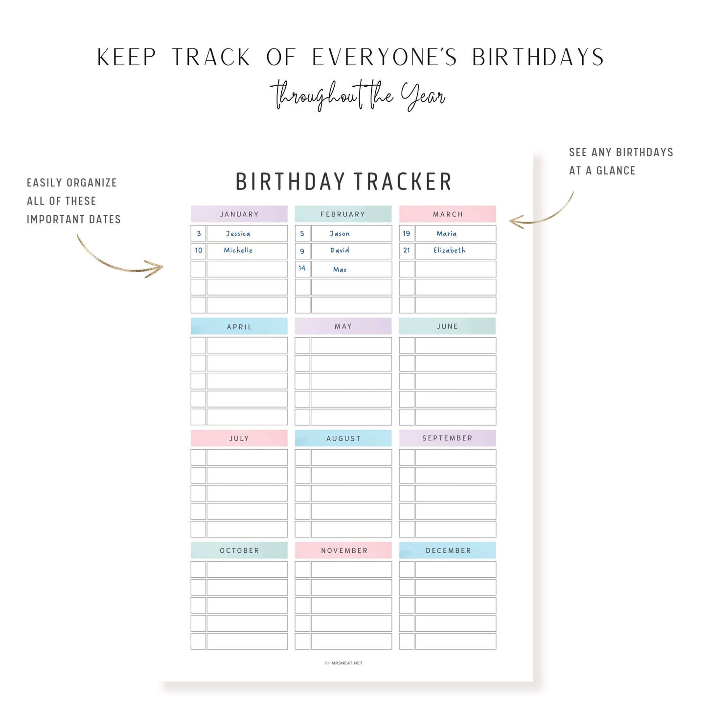 How to use Birthday Tracker Printable, Editable PDF, 2 color options