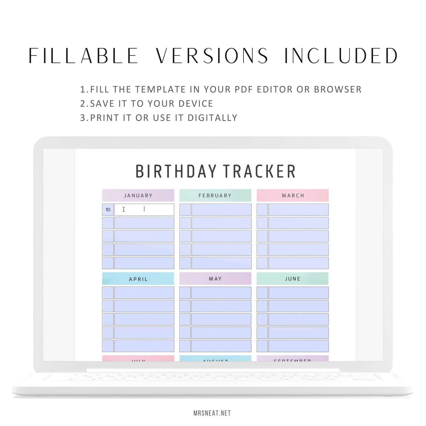 Fillable Birthday Tracker Printable, Editable PDF, 2 color options