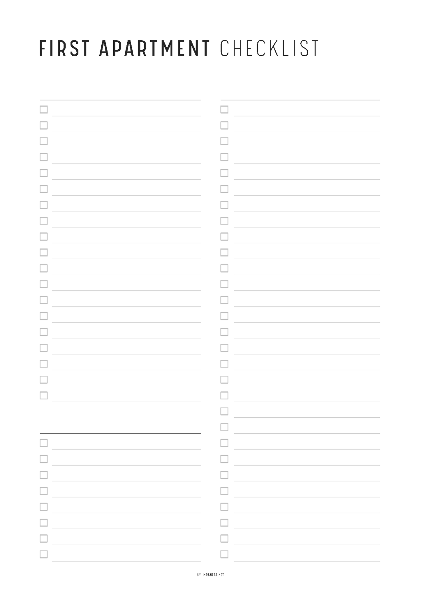 Blank 'First Apartment Checklist' with checkboxes on a white background