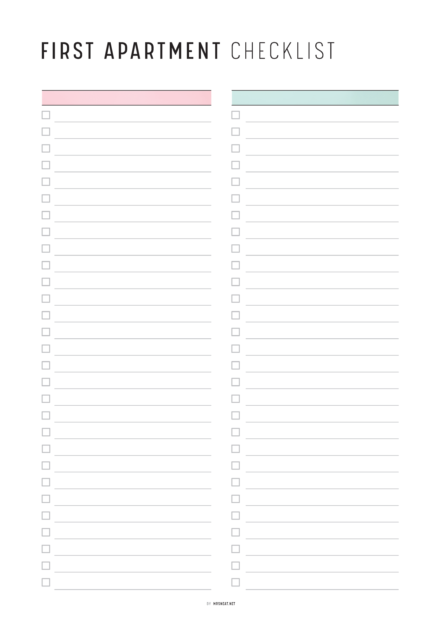 Blank 'First Apartment Checklist' with two colored boxes at the top