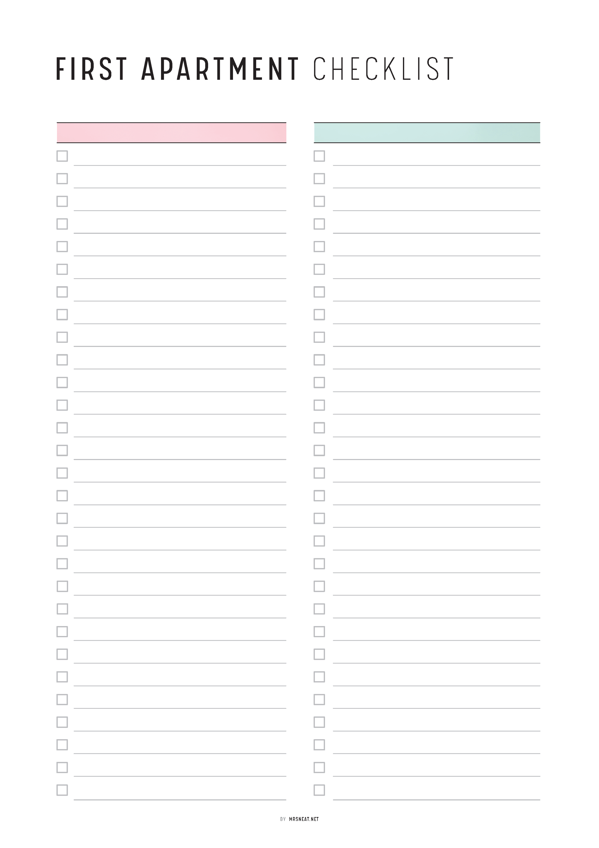 Blank 'First Apartment Checklist' with two colored boxes at the top