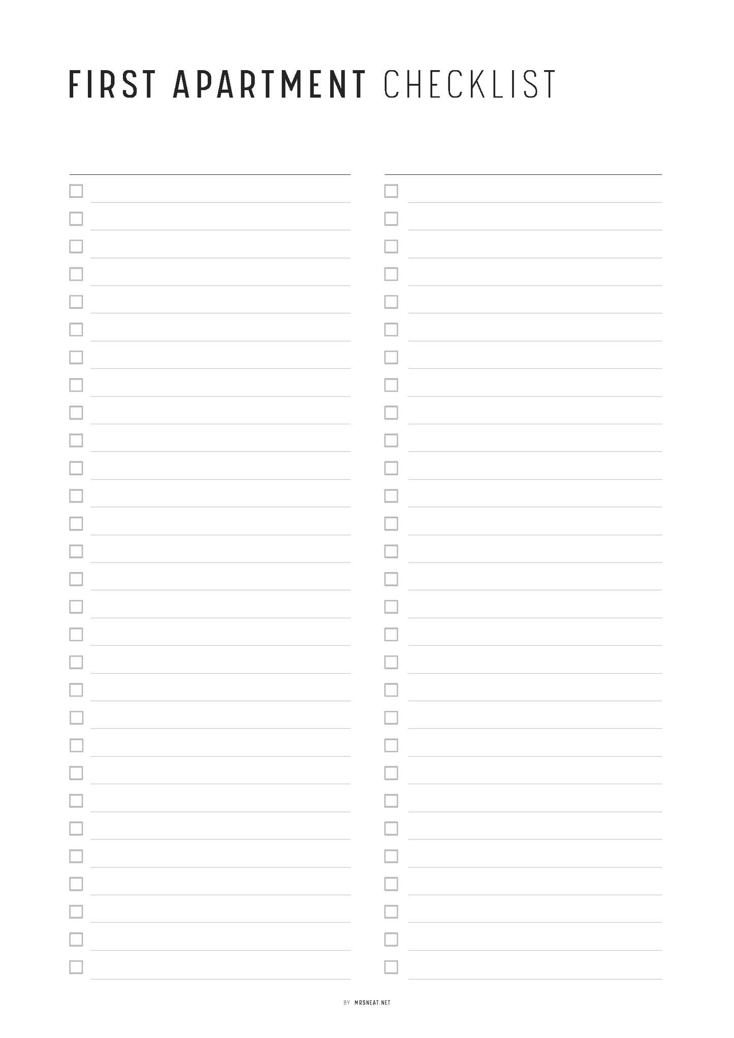 Blank 'First Apartment Checklist' with checkboxes on a white background
