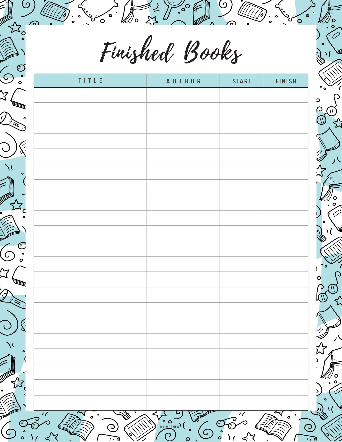 Book tracker with title, author, start, and finish columns on a blue and white background.