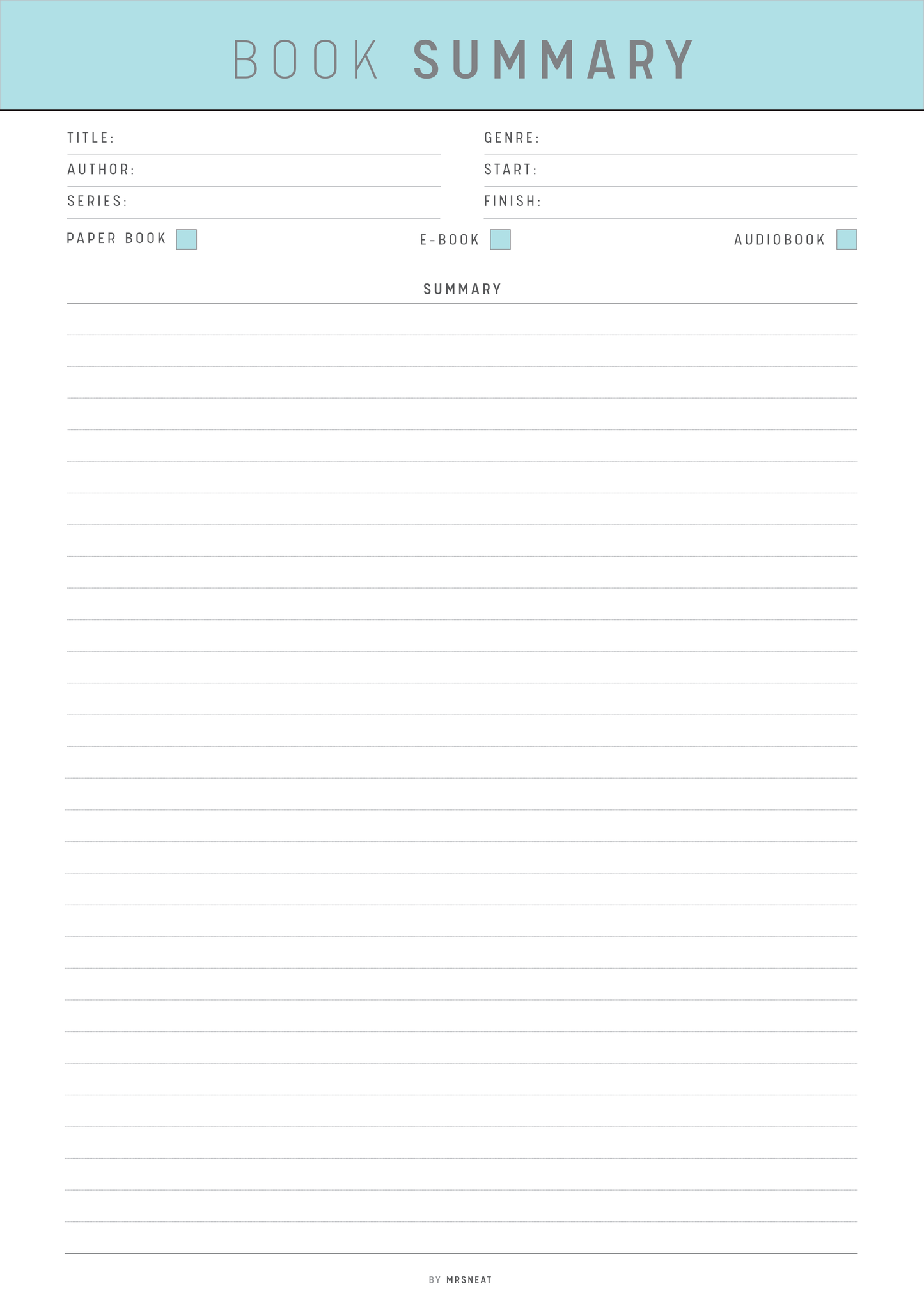 Blank book summary form with fields for title, author, genre, etc.