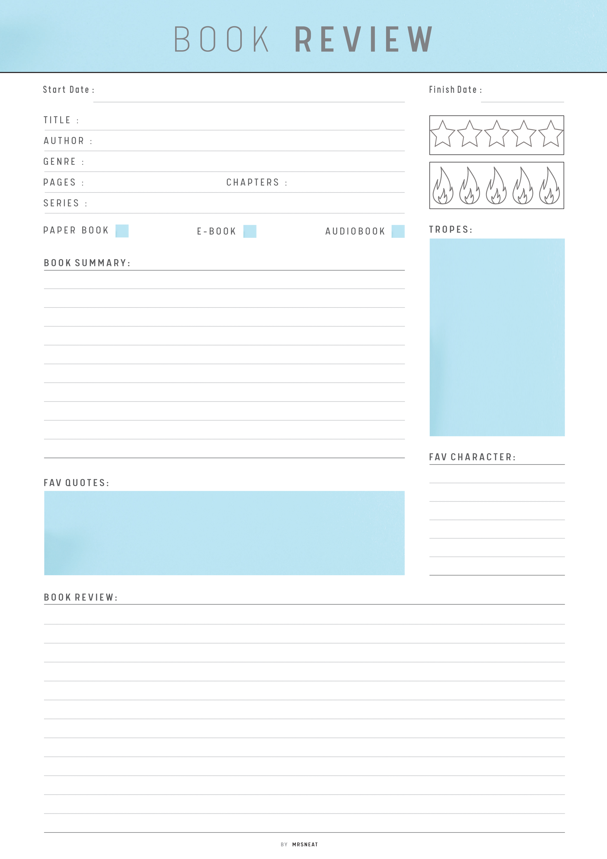 Book review form with various sections on a light blue background