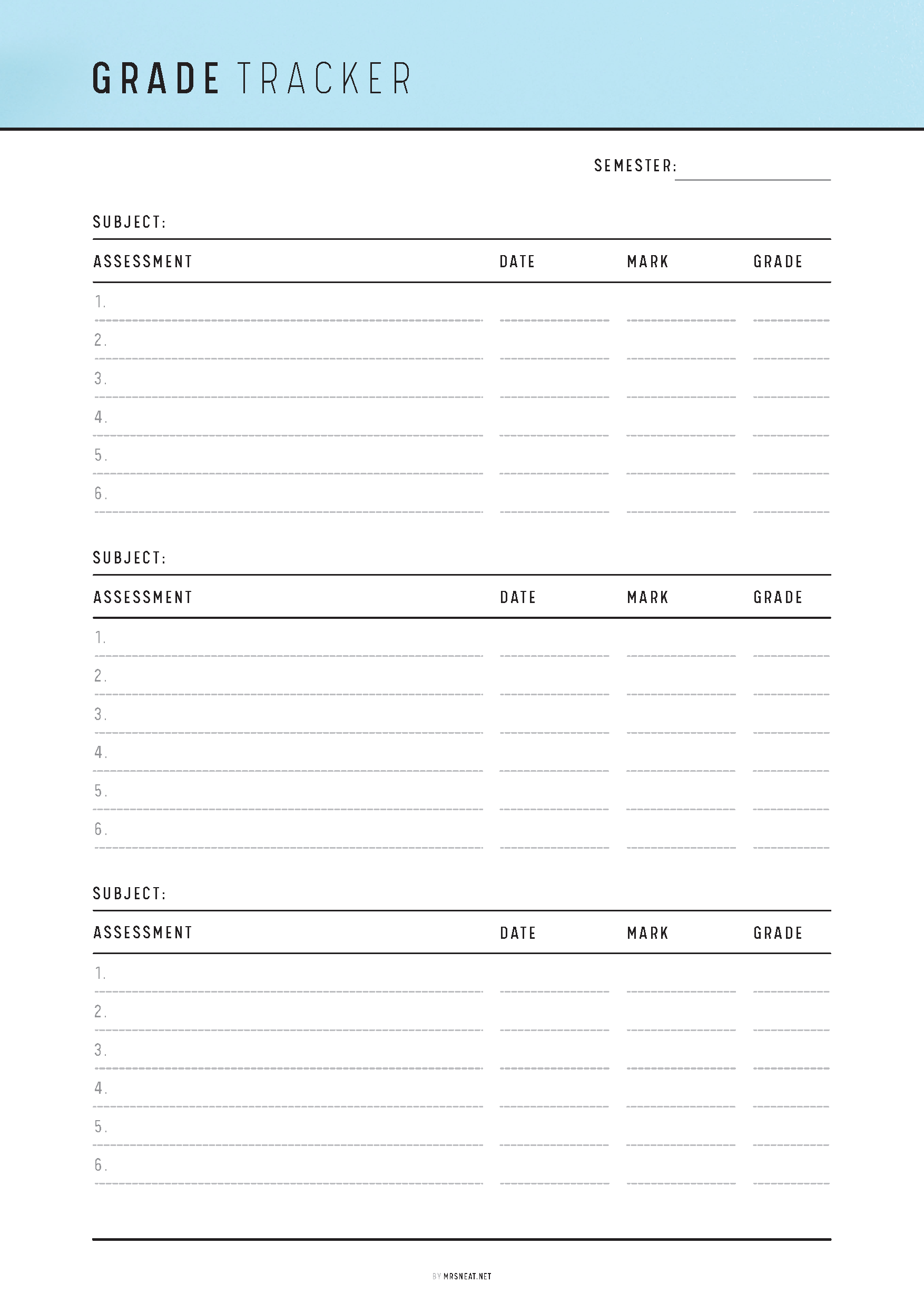 Grade tracker template with columns for subject, assessment, date, mark, and grade on a light blue background.